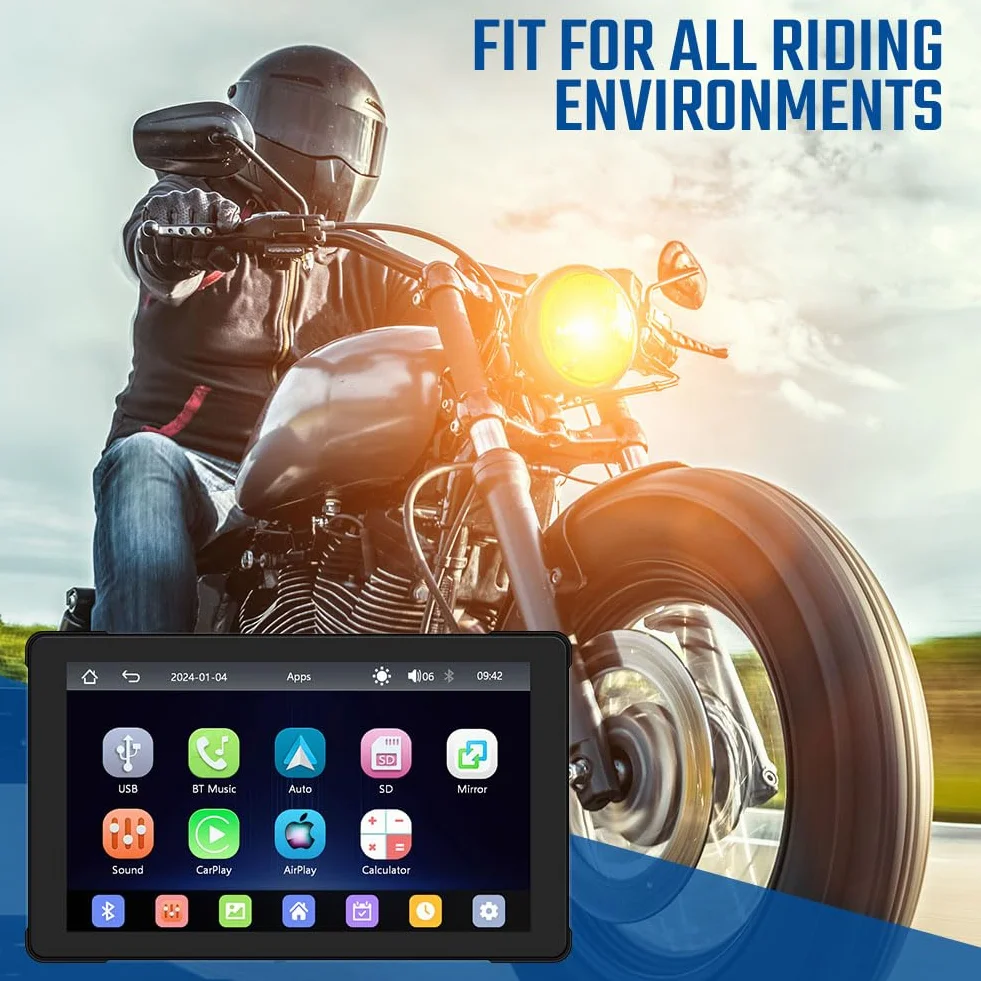 AXFEE Carplay motocyklowy ekran GPS, Carplay do motocykla z przenośnym uchwytem, CarPlay i Android Auto do motocykla, 7-calowy ekran dotykowy, podwójny Bluetooth, karta TF 32 G, GPS, Siri.