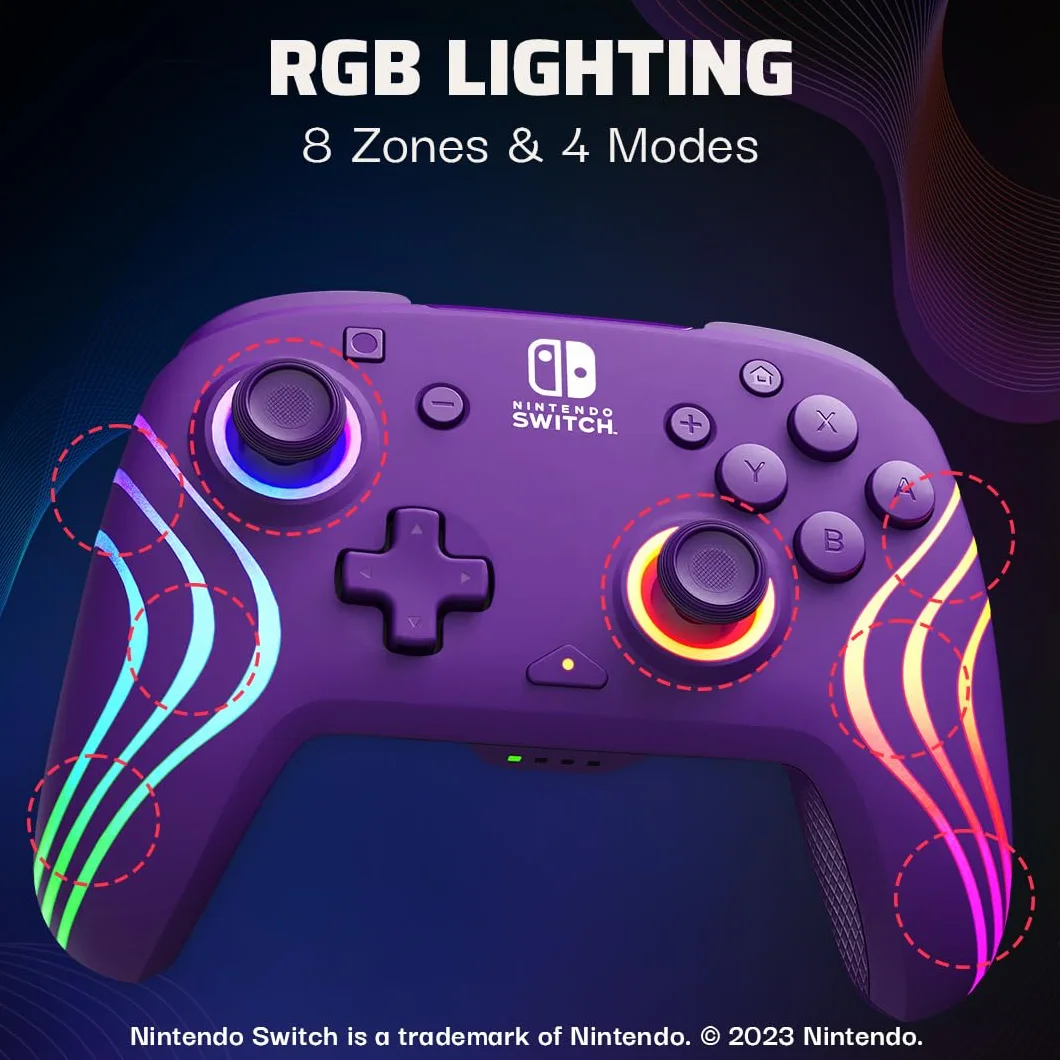 PDP Afterglow Wave Wireless Pro Controller with Full Motion for Nintendo Switch, Nintendo Switch - OLED Model, 8 RGB LED Lighting Zones, 30 Foot Range, 20 Hour Rechargeable Battery Purple
