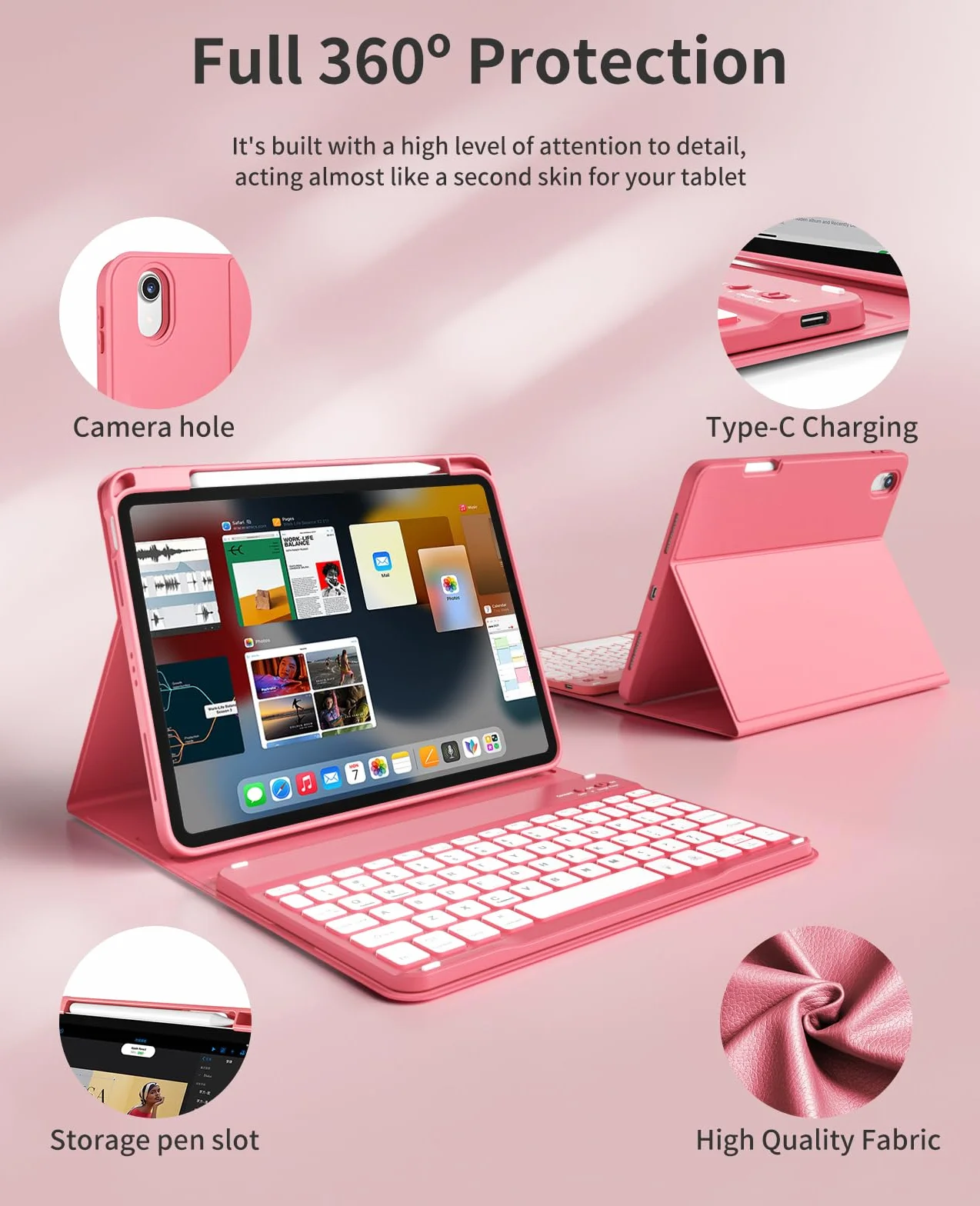 JKSML Etui na klawiaturę do iPada (A16) 11 cali 2025 i iPad 10. generacji 10,9" 2022, Bluetooth QWERTZ etui na klawiaturę z uchwytem na rysik, miękki tył z TPU (różowy)