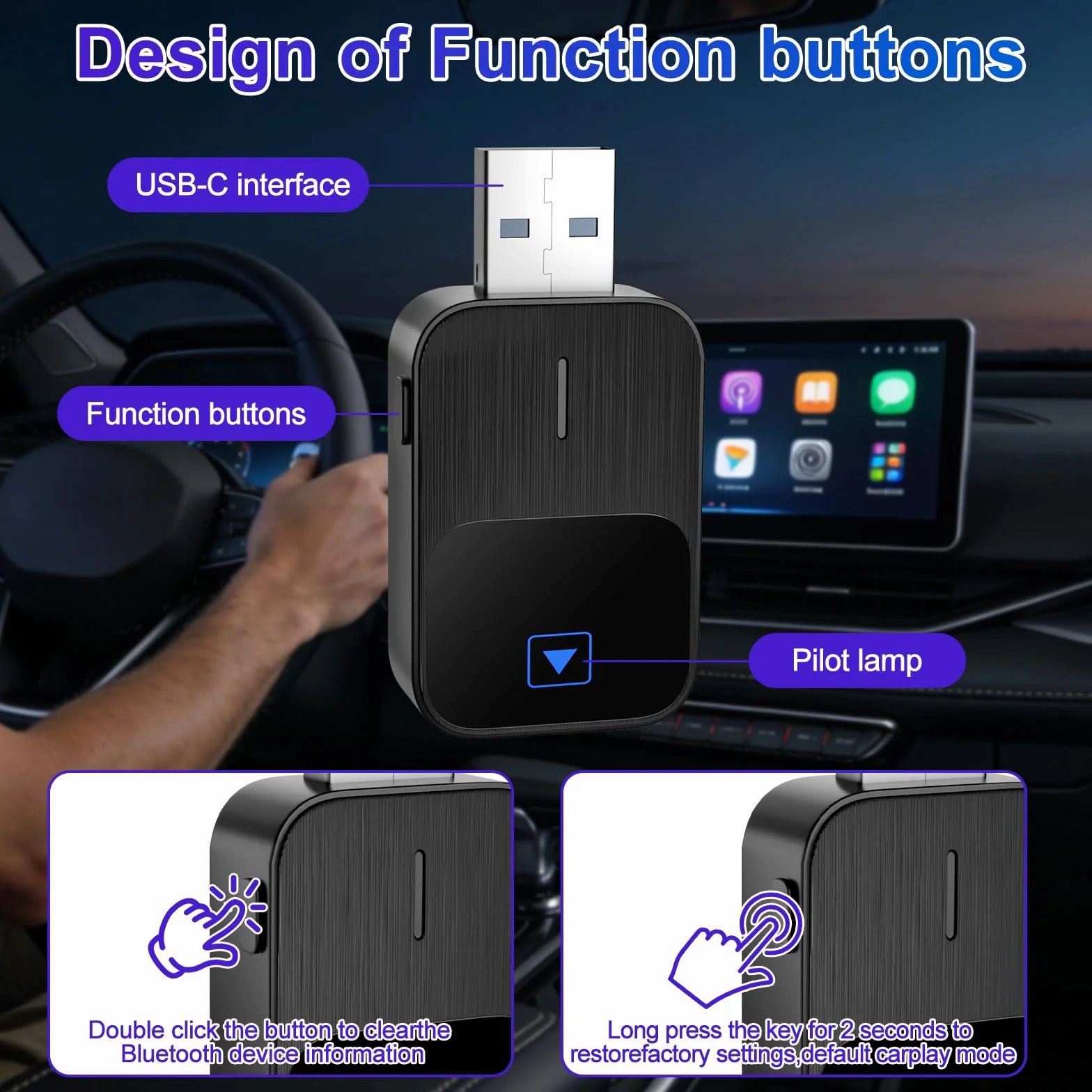 Mineup Adapter bezprzewodowy CarPlay, bezprzewodowy adapter Android Auto & Carplay, adapter bezprzewodowy 2 w 1, Plug and Play, kompatybilny z iOS 10+ i Android 11+, stabilne połączenie