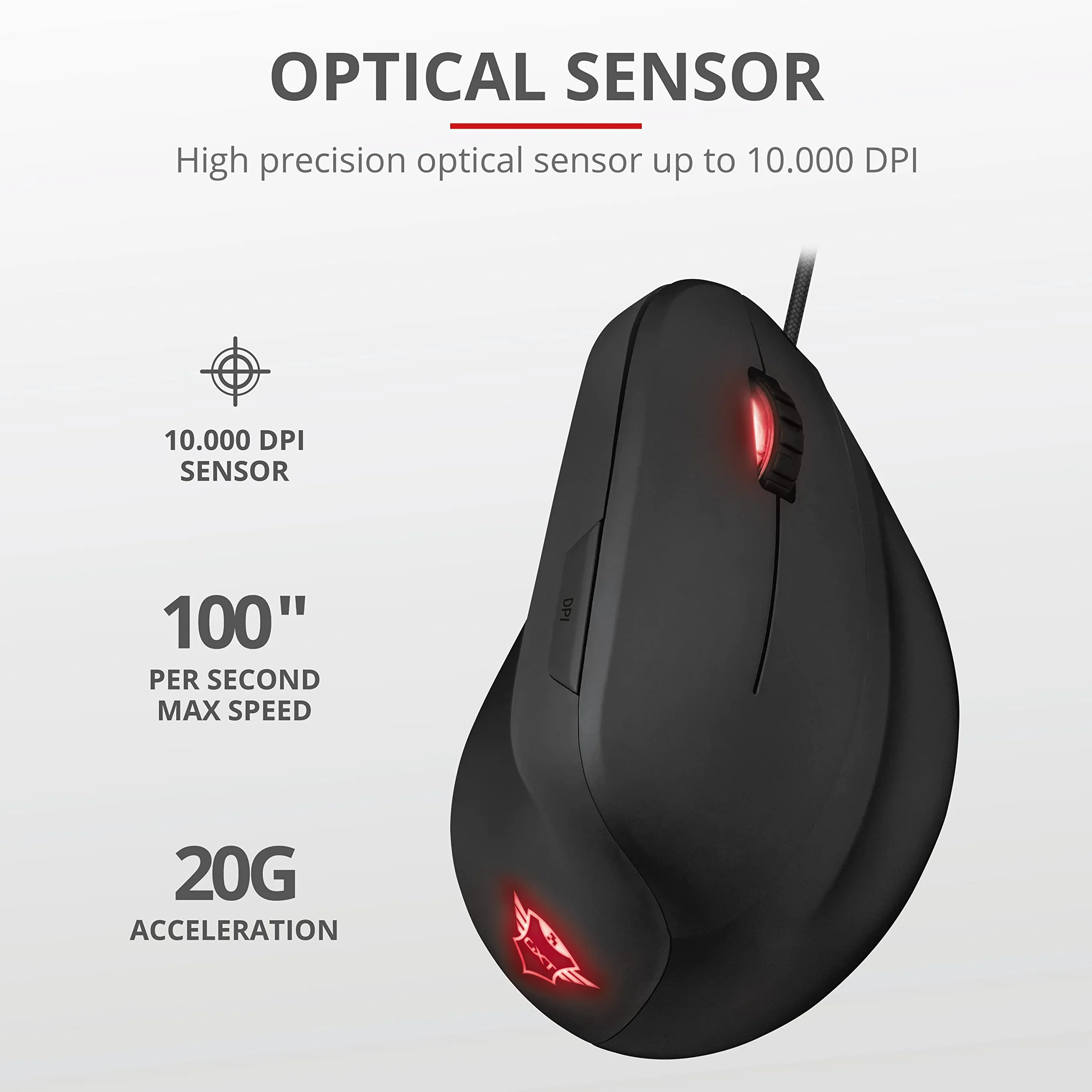 Trust Gaming GXT 144 Rexx Myszka Gamingowa, Ergonomiczna Mysz Pionowa dla Graczy, 250-10000 DPI, Podświetlenie LED, 6 Programowalnych Przycisków, Zaawansowane Oprogramowanie, Komputer, Laptop, PC