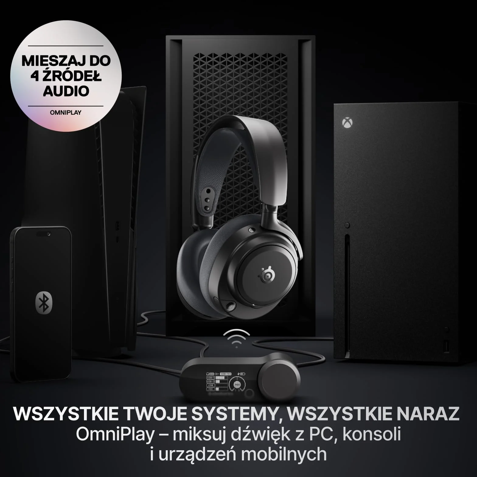 SteelSeries Arctis Nova Pro Omni – Bezprzewodowy dźwięk Hi‑Res, 96kHz/24bit, ANC, mikrofon ClearCast Pro, redukcja szumów AI, aplikacja mobilna, Mix 2,4GHz + BT, OmniPlay PC+PlayStation+Xbox – Grafit