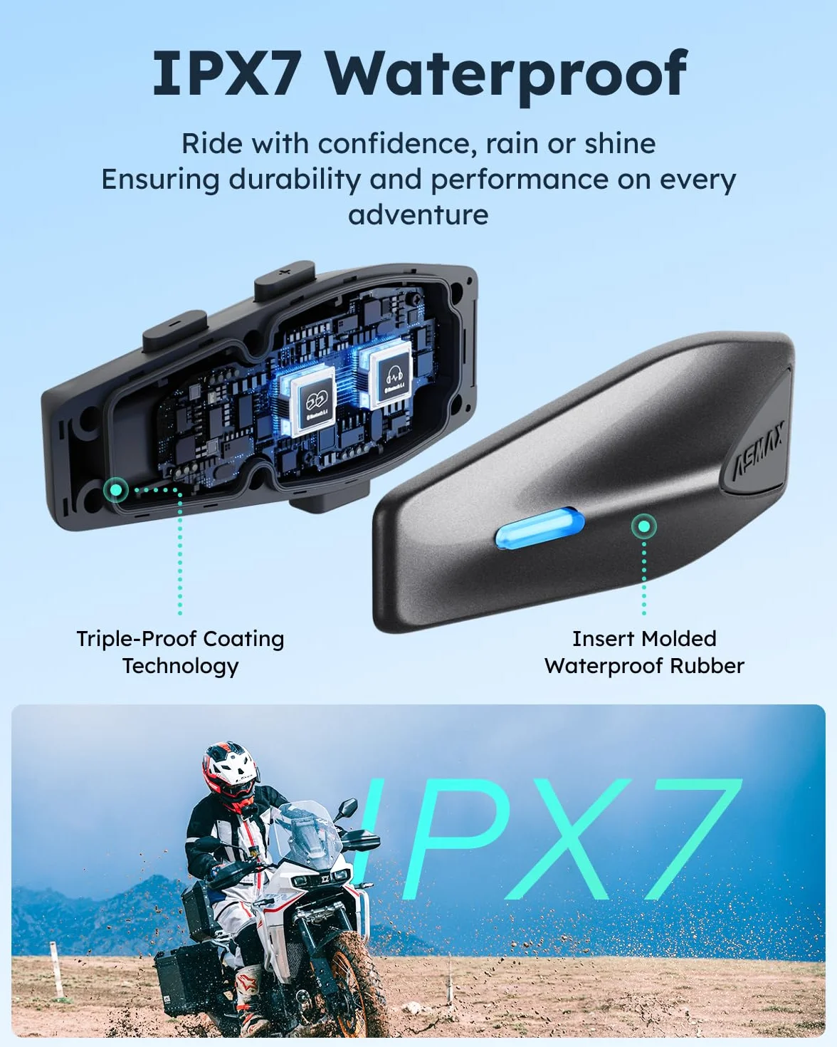 ASMAX S1 Interkom motocyklowym, komunikacja Bluetooth ze sterowaniem głosem, domofon Mesh dla 8 pilotów, szybkie ładowanie/uniwersalne/redukcja szumów, wodoodporność IP67 (szary-dwa)