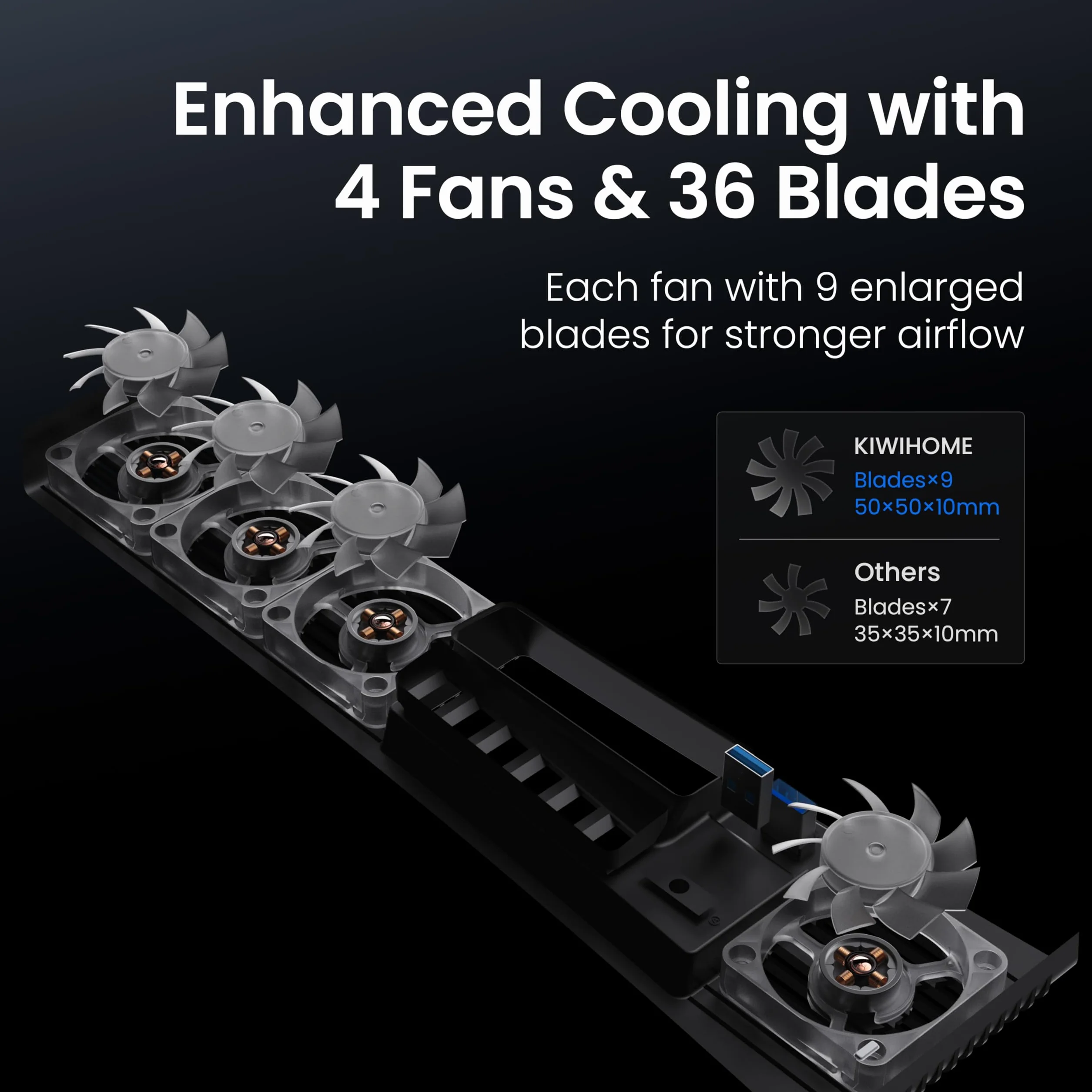 KIWIHOME Wentylator chłodzący do PS5 Pro 4 wentylatory 36 łopatek regulowana prędkość USB 3.0 LED