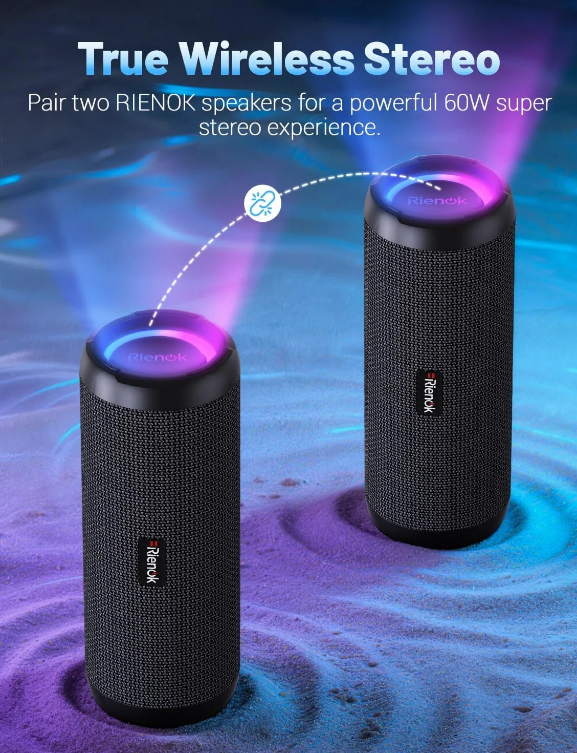RIENOK Głośnik Bluetooth ze światłem, Bluetooth 5.3, głośnik basowy, bezprzewodowy, z wodoszczelnością IPX7, dźwięk stereo, przenośny