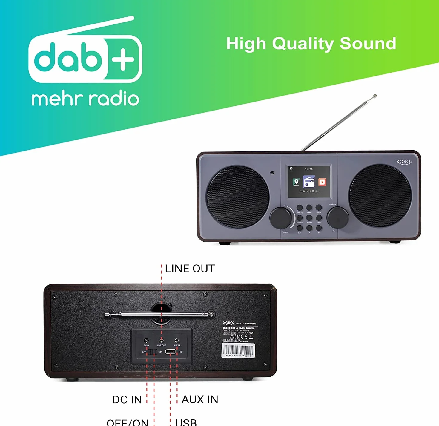 XORO DAB 600 IR V3 – radio internetowe DAB+/FM z Wi-Fi, 2 x 5 W RMS, USB 2.0, sterowanie aplikacją, Bluetooth, Spotify Connect, AUX, funkcja budzika, stacja pogodowa