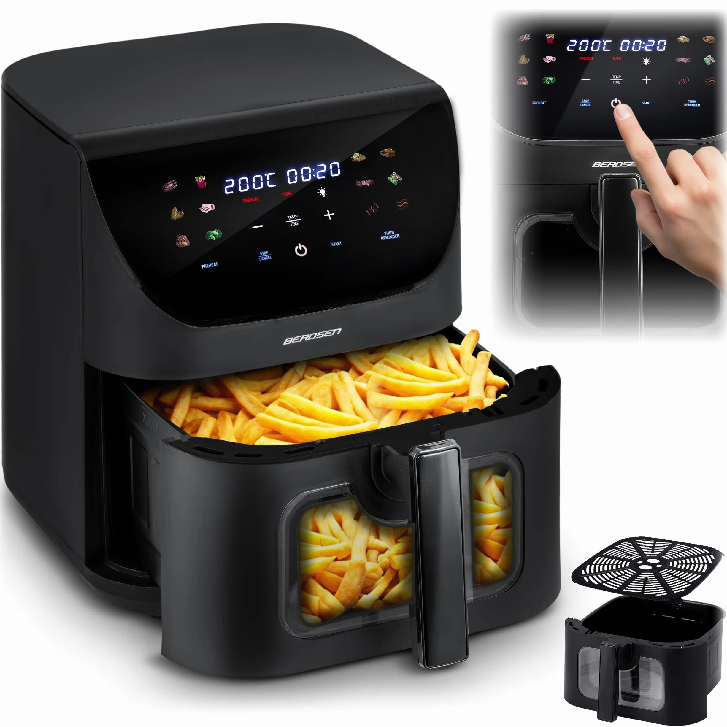 Berdsen Frytkownica Beztłuszczowa XXL 8L Airfryer z Okienkiem Ekranem Dotykowym 1700W 12 Programów Czarna