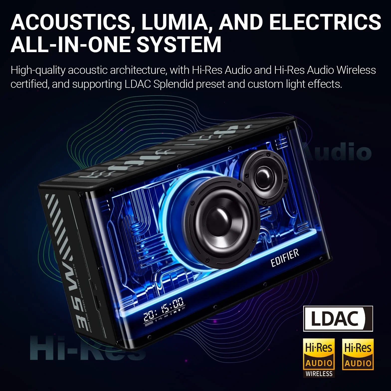 Edifier QD35 kompaktowy system głośników Bluetooth z efektami świetlnymi RGB, Bluetooth V5.3 i dwoma ultraszybkimi portami ładowania. Certyfikat Hi-Res Audio.