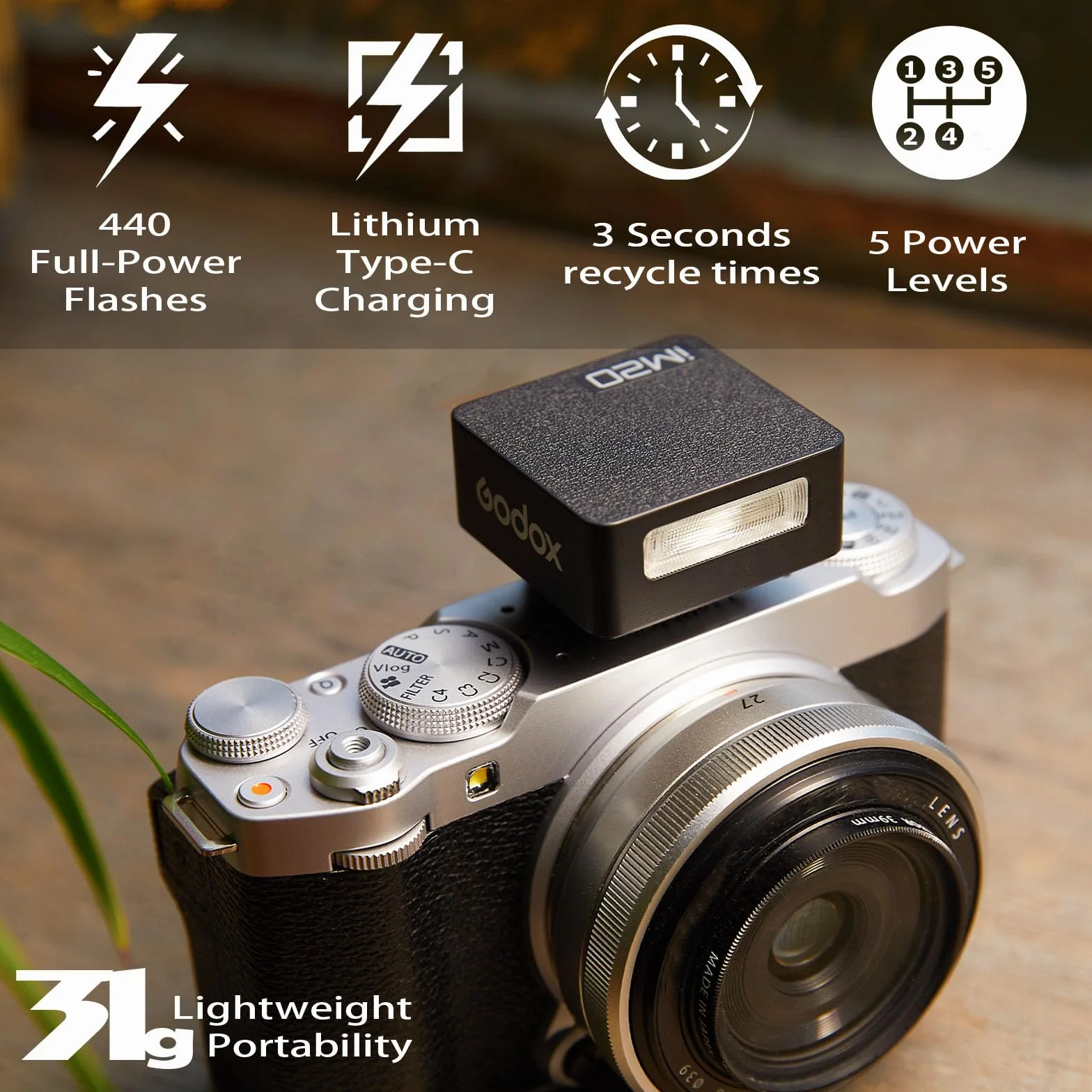 Godox IM20 mini lampa błyskowa, manualny speedlite z 5 poziomami mocy, do 440 błysków przy pełnej mocy, kompatybilna z Ricoh GR III/GR III X, Canon, Sony, Nikon, Fujifilm i Pentax