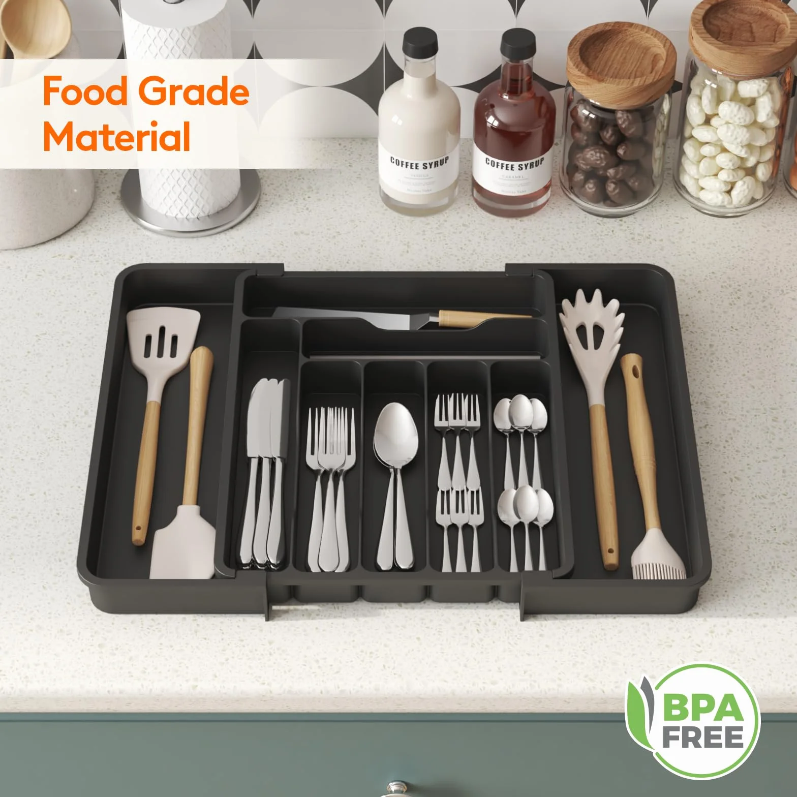 Lifewit Organizer do Szuflady na Sztućce, Wkład do Szuflady, Regulowany Organizer na Przybory Kuchenne, Plastikowy Taca na Sztućce, Szerokość 30-49,8cm, Głębokość 38cm, Czarny