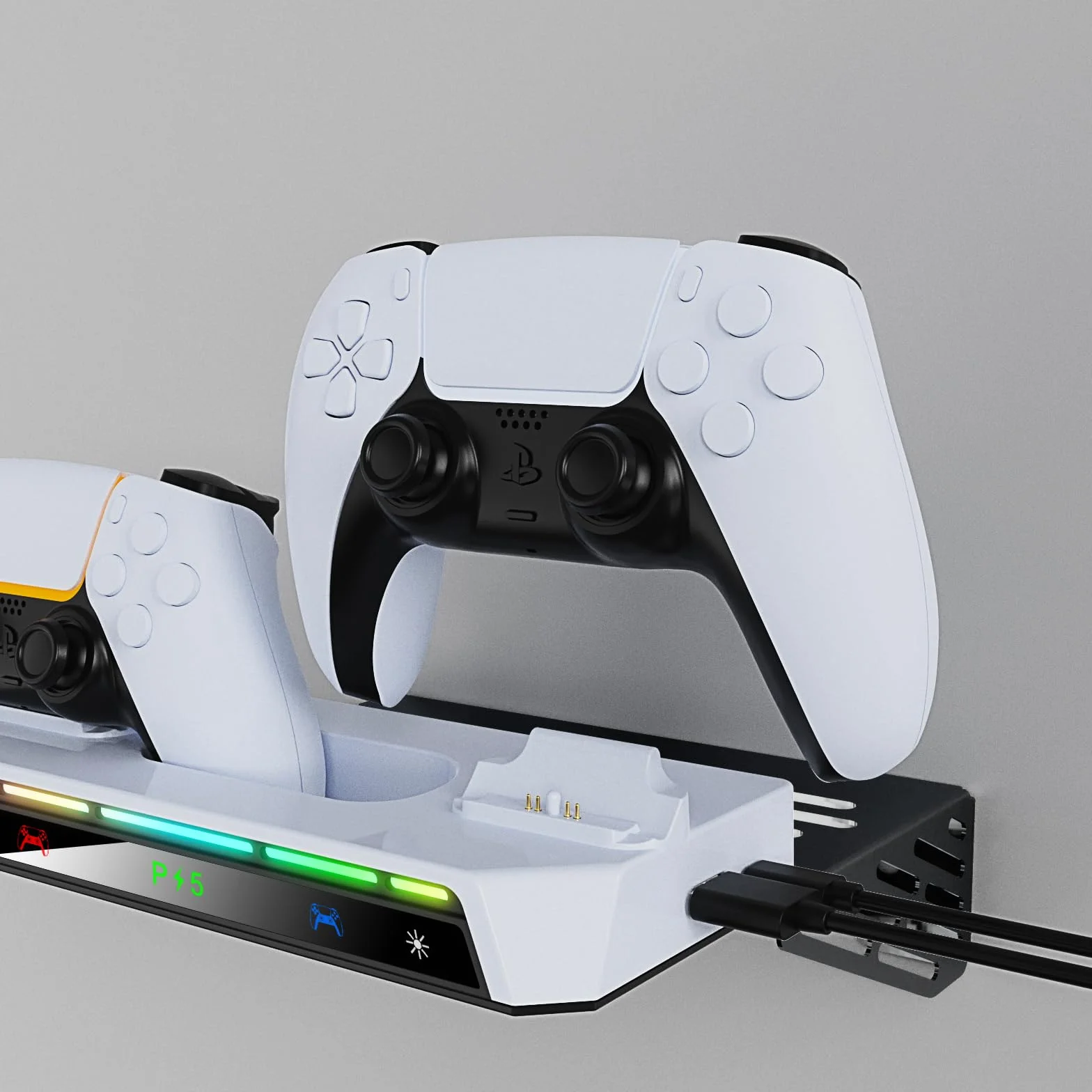 Stojak ścienny do PS5/PS5 Slim/PS5 Pro z RGB Light Bar, ładowarką i wieszakiem na słuchawki