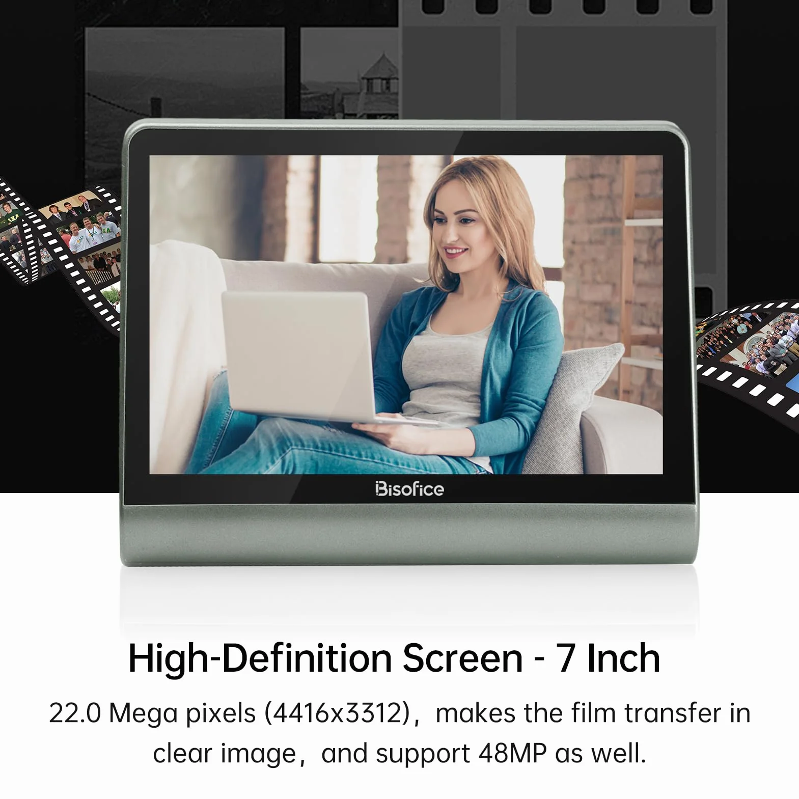 Bisofice Negatywny skaner filmowy slajdów i slajdów, z 7-calowym ekranem LCD, wbudowaną pamięcią 16 GB, konwertuje 35mm, 126, 110 negatywów, Super 8 w 24MP cyfrowy JPEG