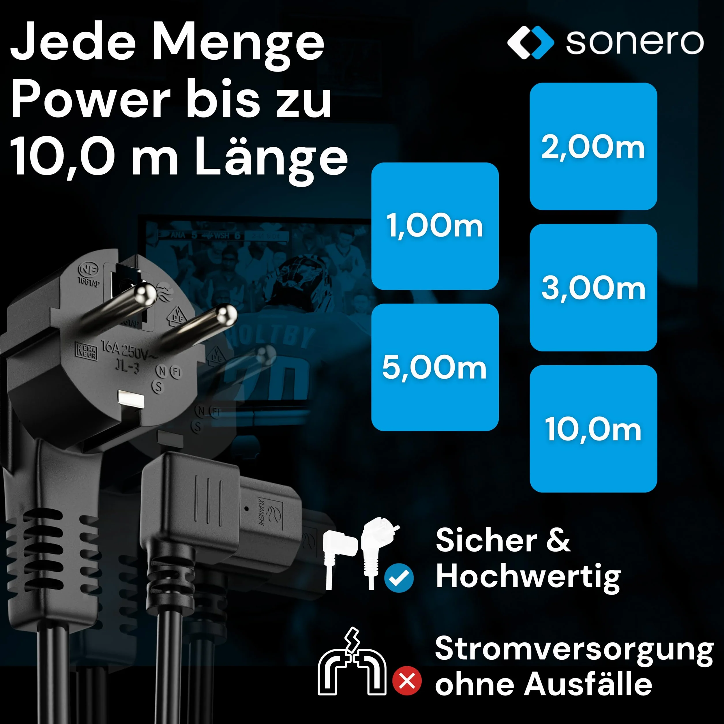 sonero Kabel zasilający do urządzeń zimnych, 3-biegunowy, 3,0 m, wtyczka z zestykiem ochronnym, wtyczka sieciowa na złącze urządzenia zimnego C13, kąt 90°, kabel zasilający do monitora, drukarki PC