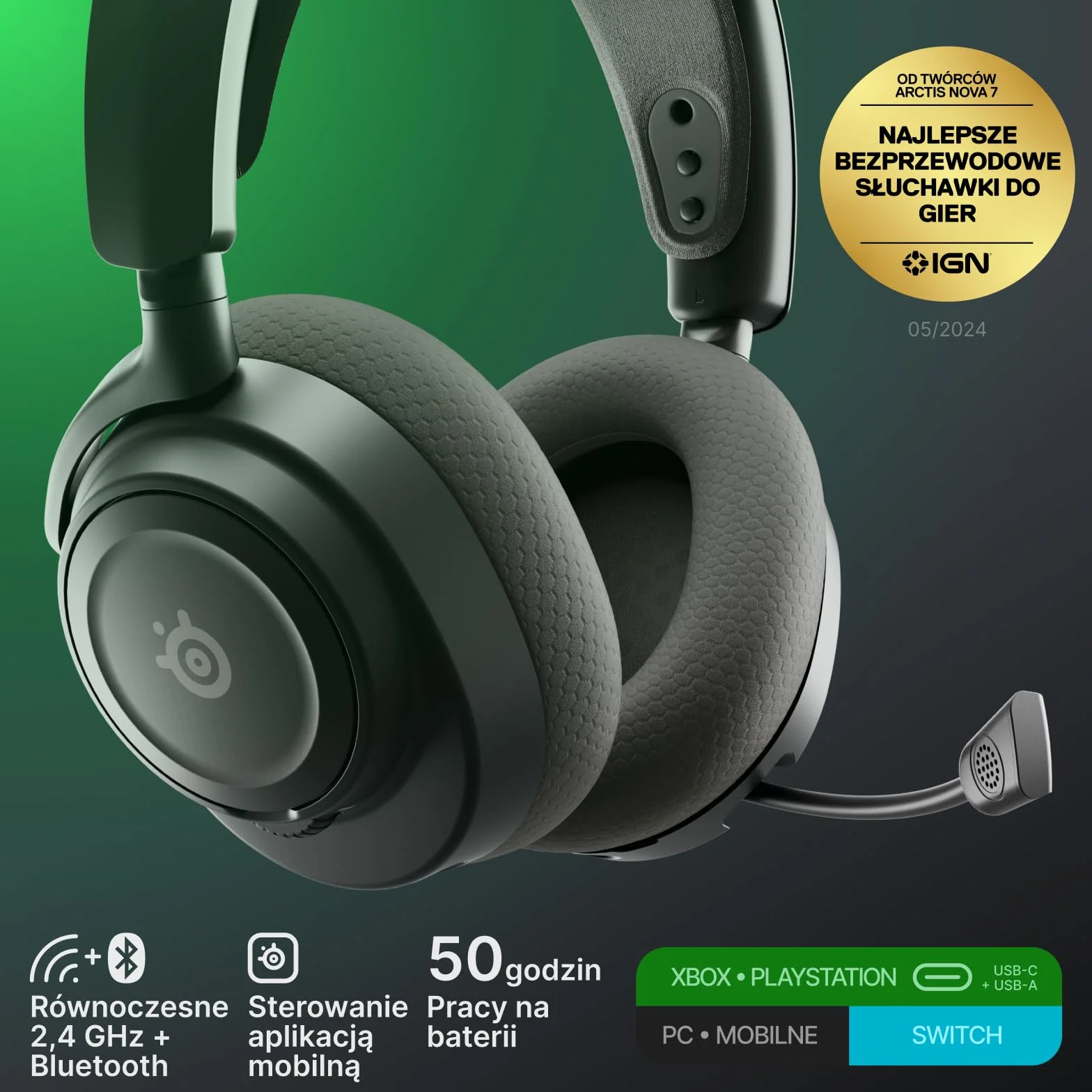 SteelSeries Arctis Nova 7X Wireless Gen 2 do gier -sterowanie aplikacją w czasie rzeczywistym - 50H + -przetworniki magnetyczne z magnesem neodymowym -miks 2,4 GHz/Bluetooth-Xbox,PS5,Switch 1/2,mobile