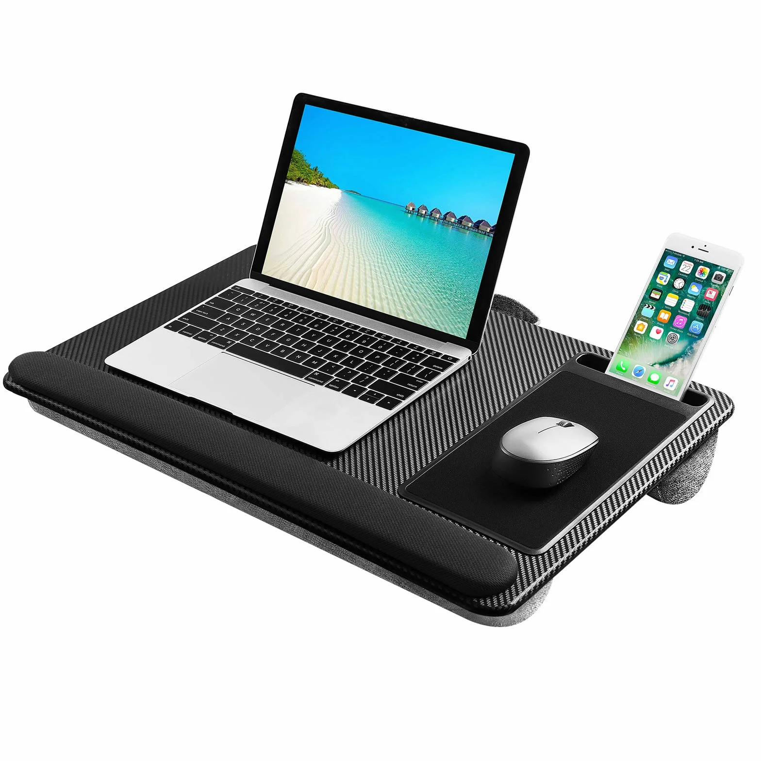 Taca na laptopa do łóżka z poduszką, zintegrowana podkładka pod mysz i podpórkę pod nadgarstek do laptopa do 17" z uchwytem na telefon komórkowy