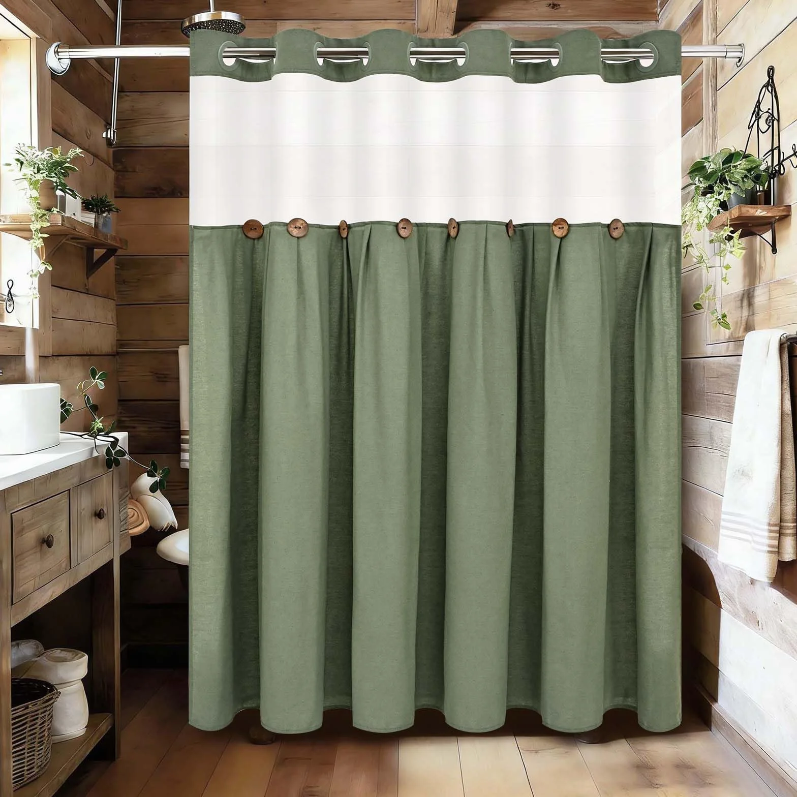 Alishomtll Zasłona prysznicowa 180 x 205 cm, zielona, ochrona przed pleśnią, tekstylna zasłona łazienkowa, nadaje się do prania, dwuwarstwowa zasłona prysznicowa z podszewką na zatrzask i