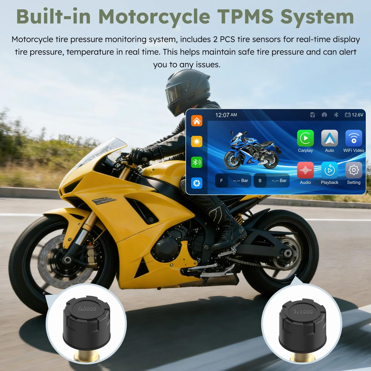 Carpuride W603DT do Motocykli z CarPlay,Android Auto i TPMS – Kamera Samochodowa HD 1080P,6,3-Calowy,Wodoodporny,Obrotowy Ekran Dotykowy do Nawigacji,Bluetooth,Nagrywanie w Pętli, Przewodowy Kontroler