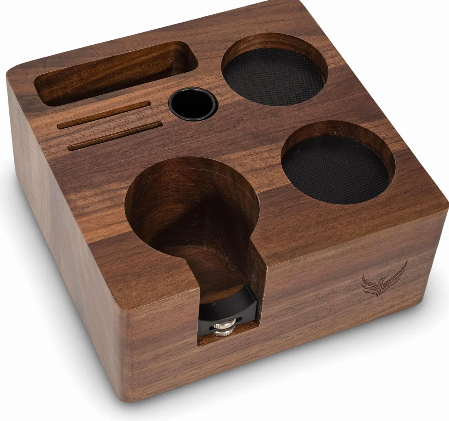 58 mm stacja do ubijania espresso V3 - stojak portafiltrow z orzecha włoskiego, organizer, na portafiltry 58 mm, z uchwytem na tamper i przegródką dystrybutora