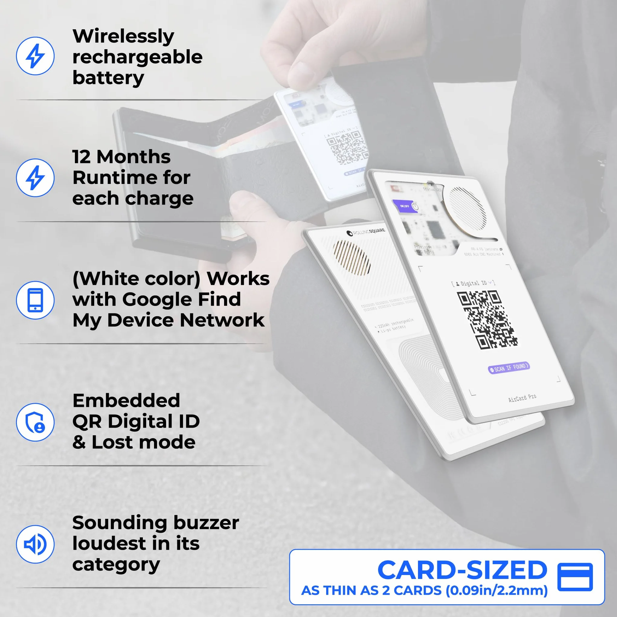 Rolling Square AirCard Pro – smukła karta do śledzenia portfela Bluetooth kompatybilna tylko z systemem Android Google Find Hub, tracker Bluetooth z bezprzewodowym ładowaniem, cyfrowy identyfikator