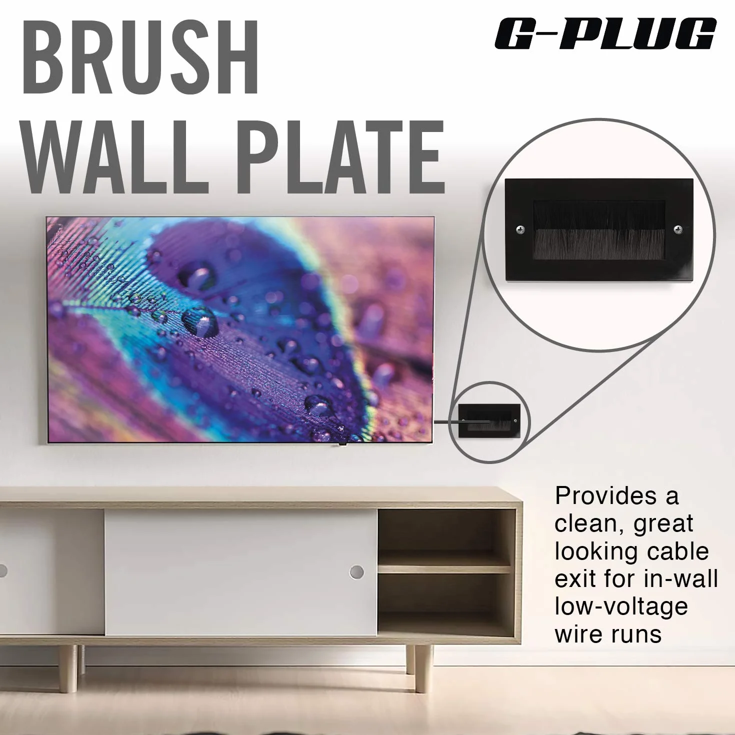 G-PLUG Płyta ścienna ze szczotką, styl Decora, wkładka do przepust kablowy do przewodów, jednobiegowy pasek dostępu do kabli, standard UK czarny z czarnymi szczotkami