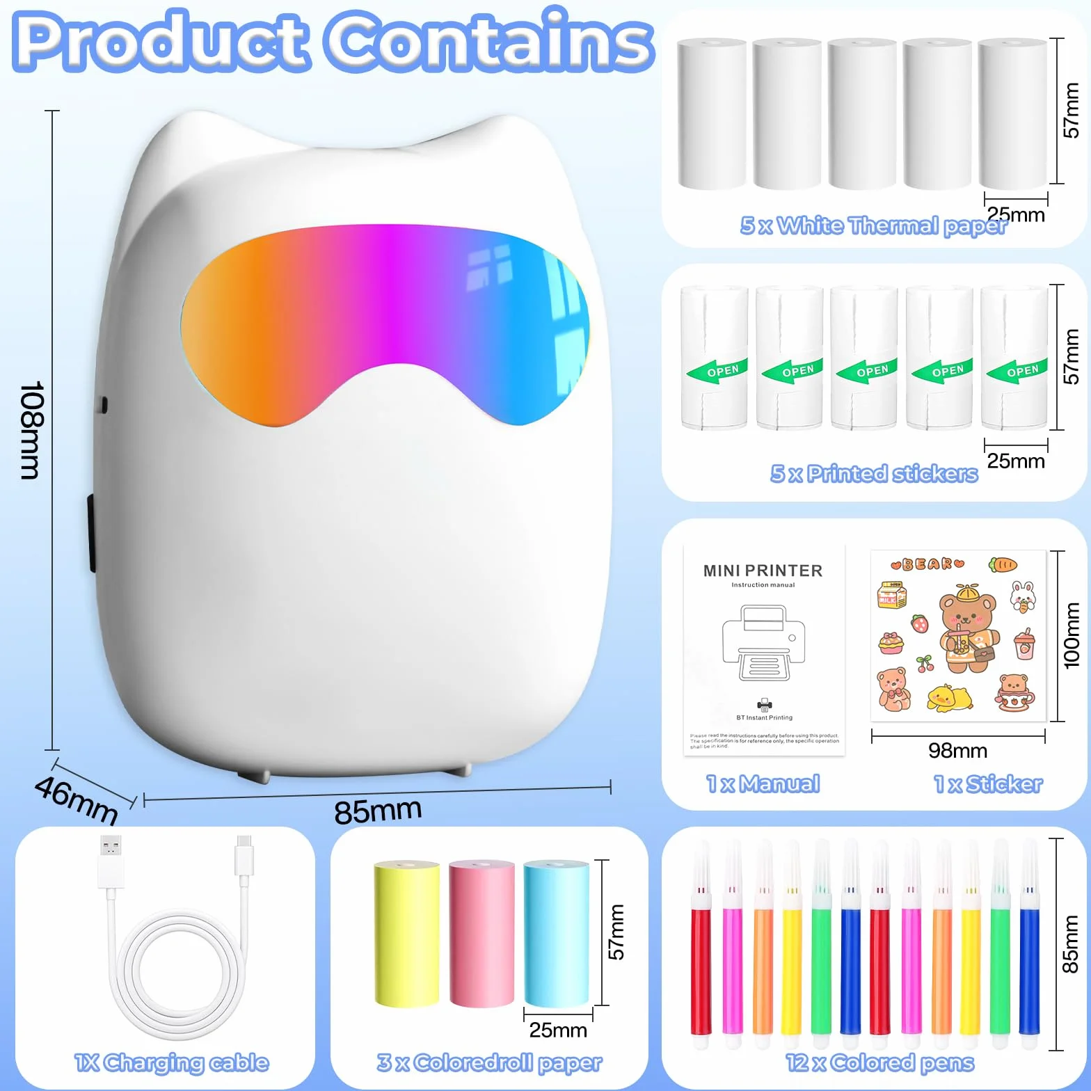 Mini drukarka 3D do smartfona, bezprzewodowa drukarka fotograficzna Bluetooth, kompatybilna z systemem Android i iOS, 14 rolek papieru do notatek, dzienników, listy