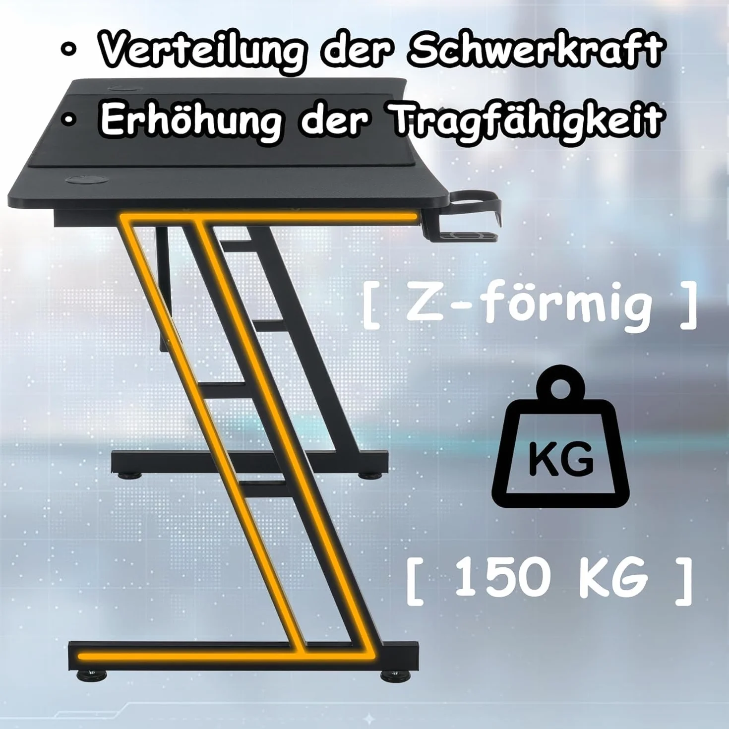 XMTECH 140 x 60 cm stolik gamingowy, biurko z ramą w kształcie litery Z, biurko komputerowe z powierzchnią z włókna węglowego, ergonomiczny stół komputera z hakiem na słuchawki i uchwytem na napoje