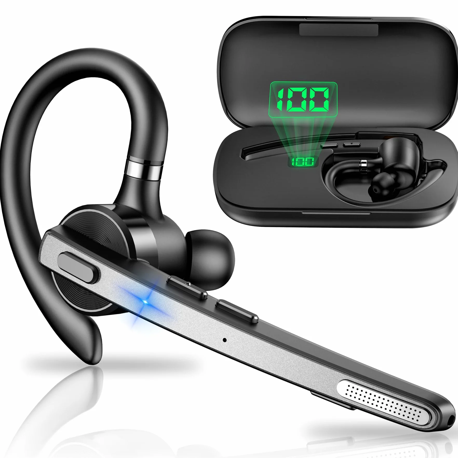 New Bee Zestaw słuchawkowy Bluetooth, 72H Talktime, bezprzewodowa słuchawka Bluetooth do telefonu komórkowego z etui ładującym 500 mAh, V5.1, podwójny mikrofon, redukcja szumów, słuchawki