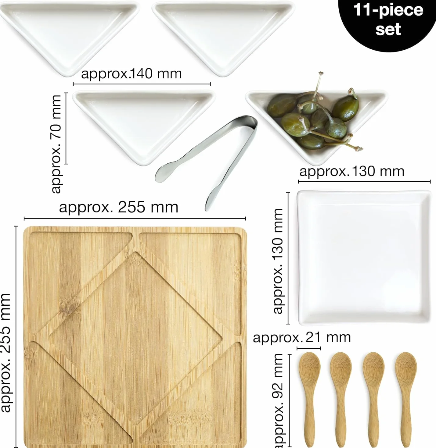 Moritz & Moritz Lavender 11-częściowy zestaw do serwowania przekąsek, tapas, przystawek, miski ceramiczne, tacka, łyżka, bambus, szczypce ze stali nierdzewnej, biały