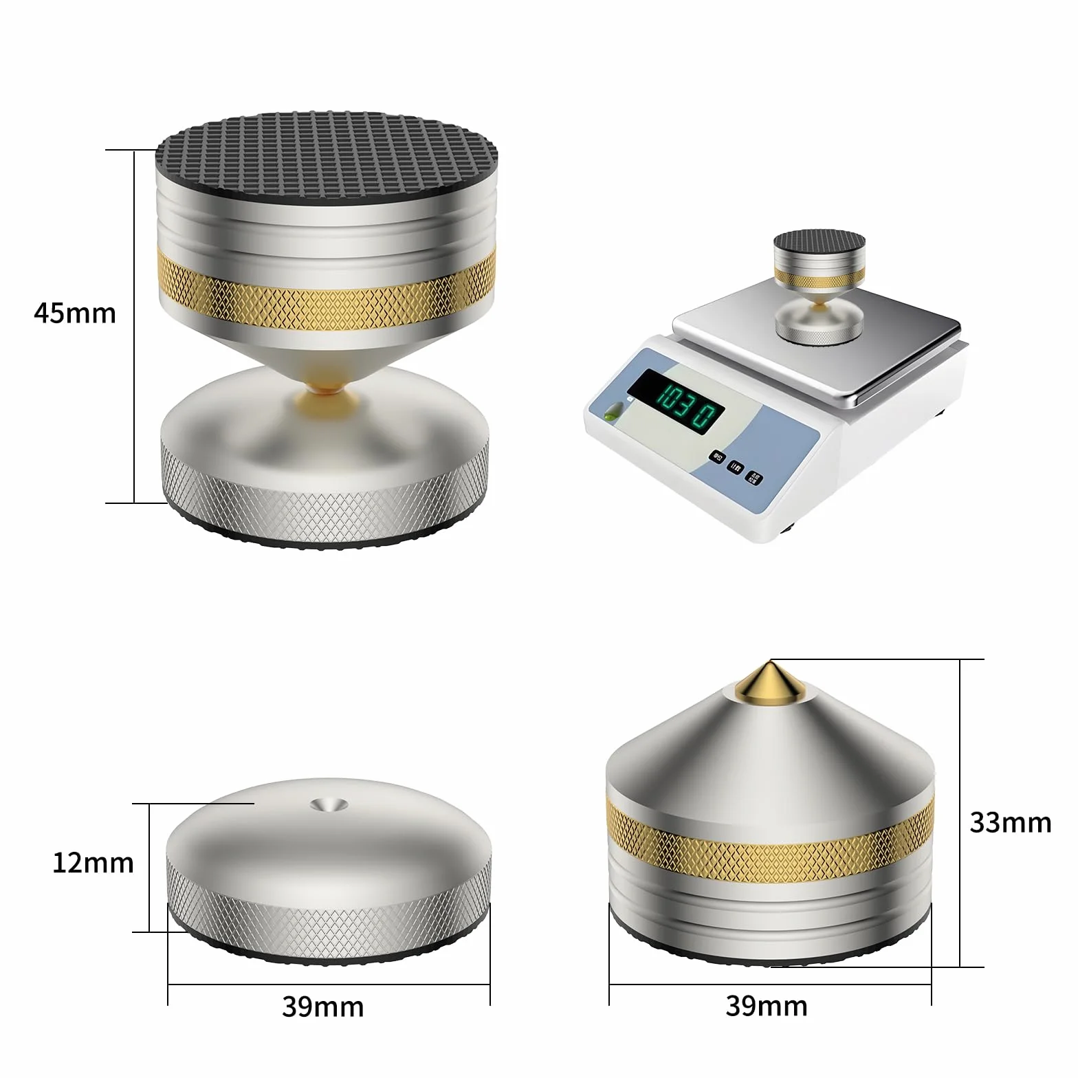Tertullus 4 sztuki HiFi nóżki izolacyjne 39 x 33 mm, aluminiowe podkładki izolacyjne, stojak na głośniki, amortyzatory z regulacją wysokości, do wzmacniaczy, gramofonów, urządzeń DAC, kolor srebrny