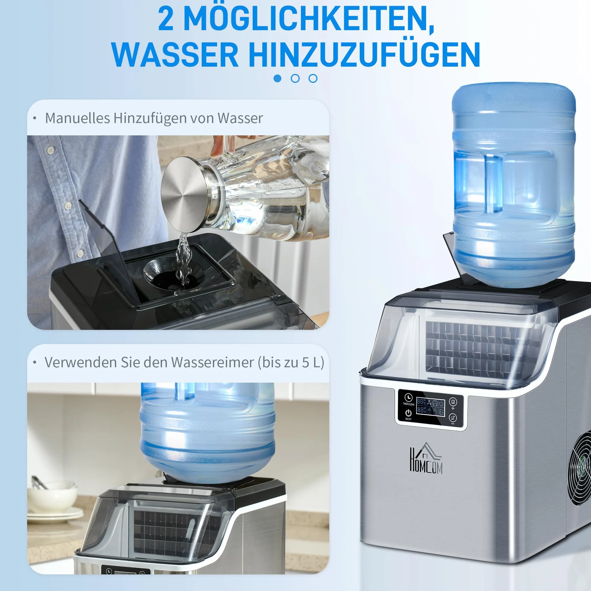 HOMCOM Kostkarka do lodu 20 kg/24h 2,3 L kostkarka do lodu z wyświetlaczem zbiornika na wodę 3,2 l maszyna do kostek lodu - kostkarka do lodu samoczyszcząca stal nierdzewna srebrna 25,2 x 36 x 37,1cm