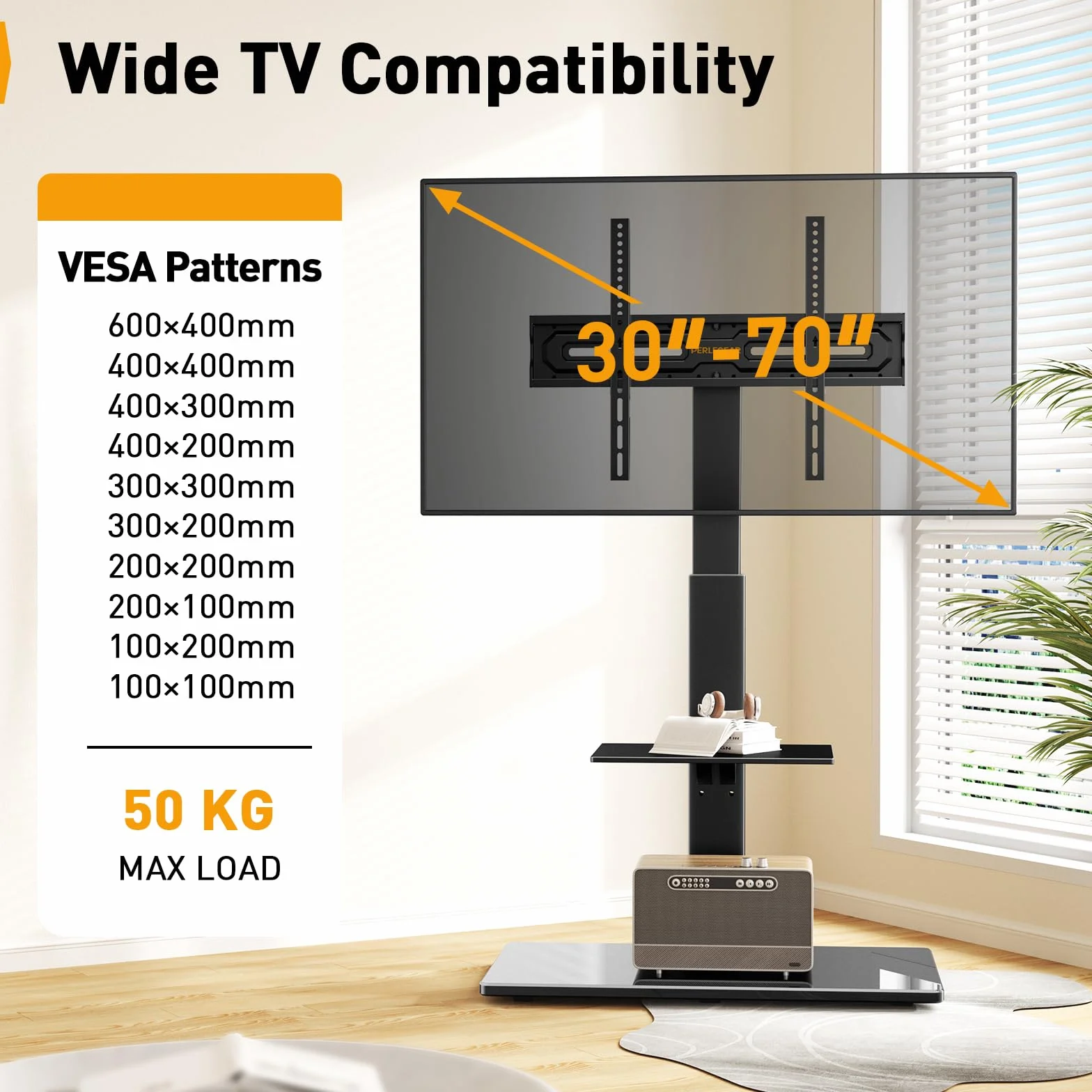 Perlegear Stojak pod telewizor, stojak pod telewizor o przekątnej 30-70", płaski i zakrzywiony, do 50 kg, z nachyleniem, stojak pod telewizor z regulacją wysokości, podstawa TV z wychylną, maks. VESA