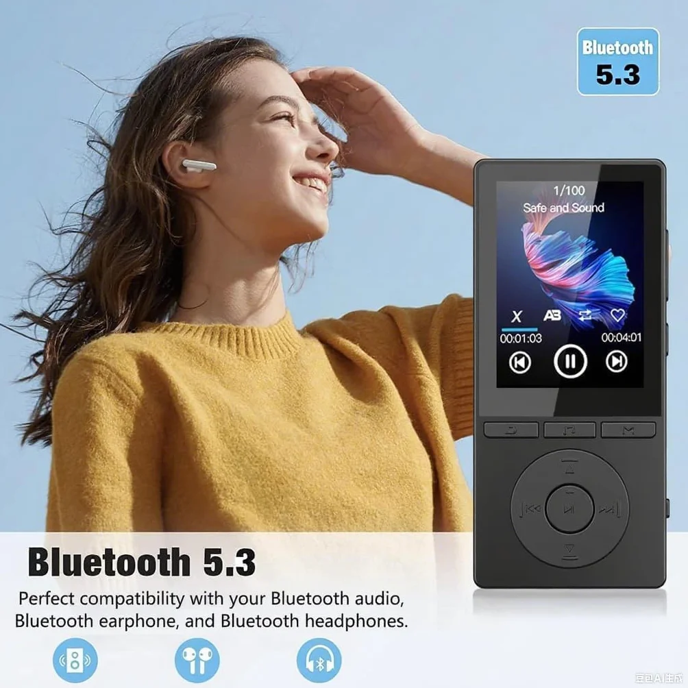 64 GB odtwarzacz Bluetooth 5.3, HiFi dźwięk, nagrywarka głosu, e-book, słuchawki, idealny do uprawiania sportu, obsługa karty TF
