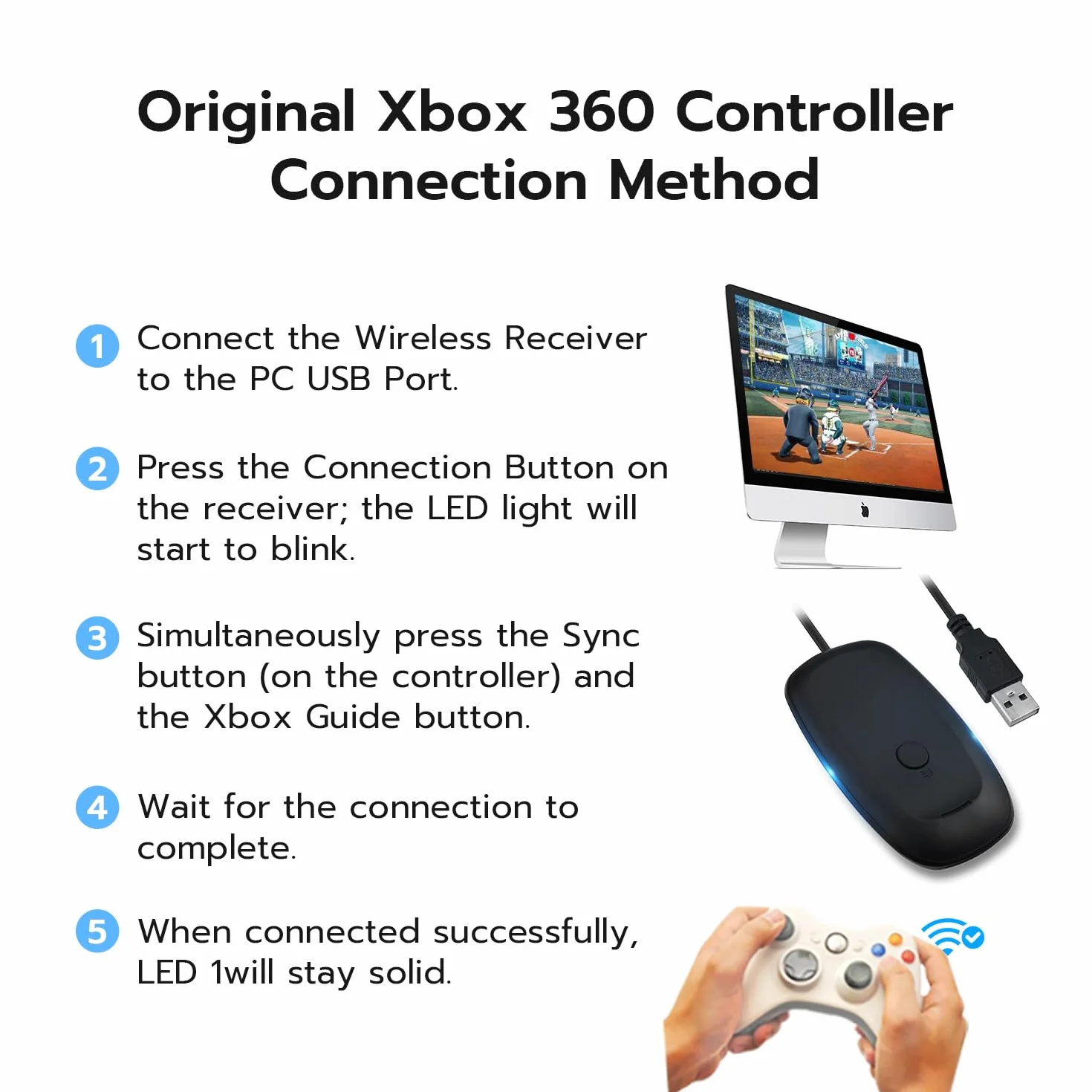 Mcbazel Bezprzewodowy USB 2.0 Gaming Receiver Adapter do Xbox 360 PC - Czarny