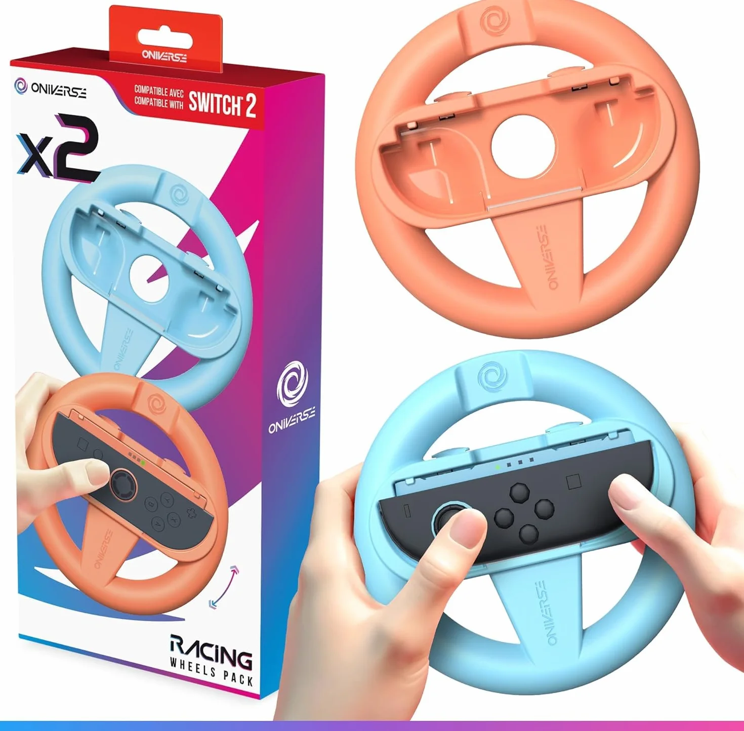 Oniverse Zestaw 2 Kierownic do Konsoli Nintendo Switch 2 – Akcesoria do Switch 2 do Mario Kart, Uchwyt Kierownicy Pomarańczowy i Niebieski, Intuicyjny, Dostępne przyciski SL/SR – Dla Joy-Con