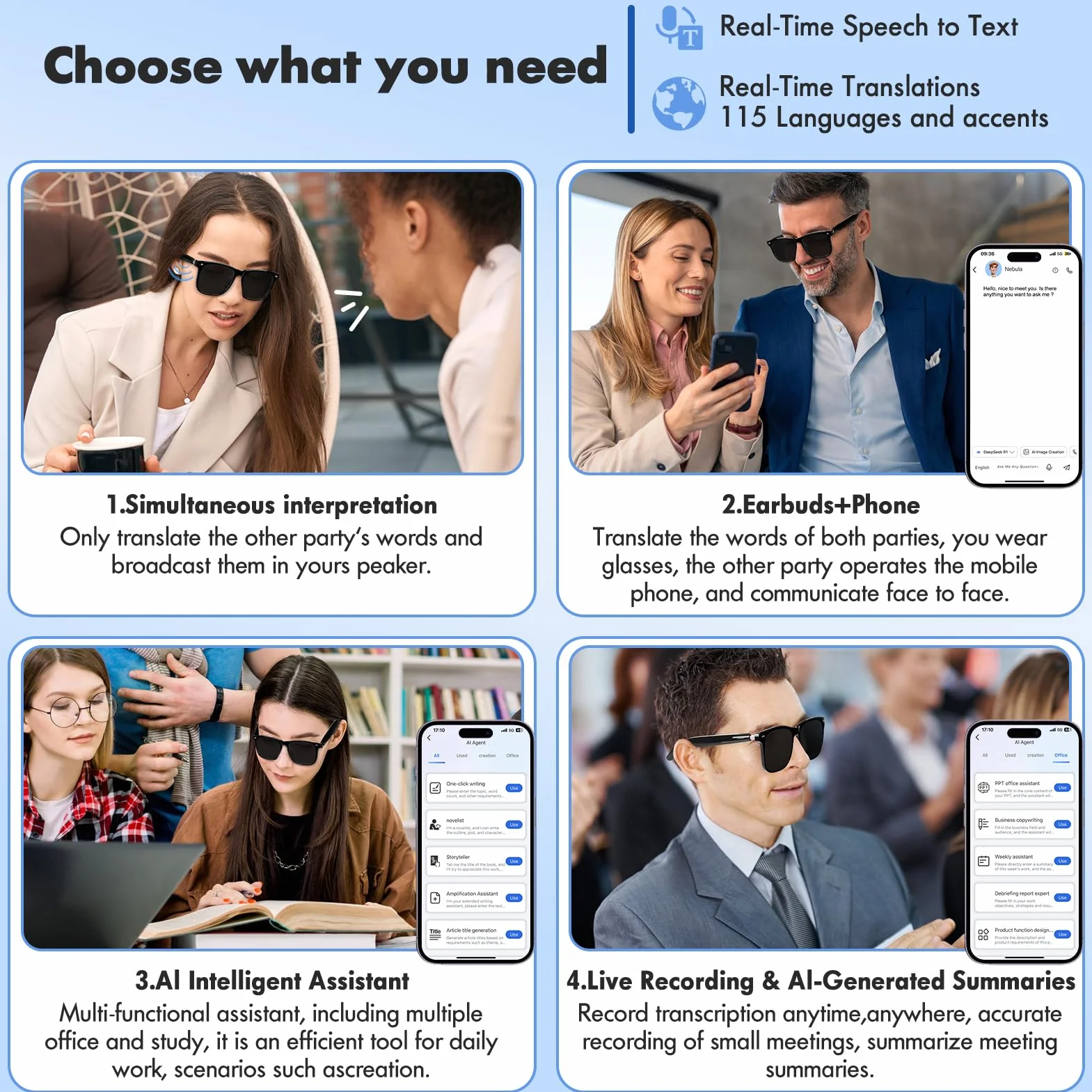 Inteligentne okulary Bluetooth, głośnik, 115 języków, tłumaczenie w czasie rzeczywistym, ochrona przed promieniowaniem UV, polaryzacyjne soczewki, dla mężczyzn i kobiet, do gier, spotkań