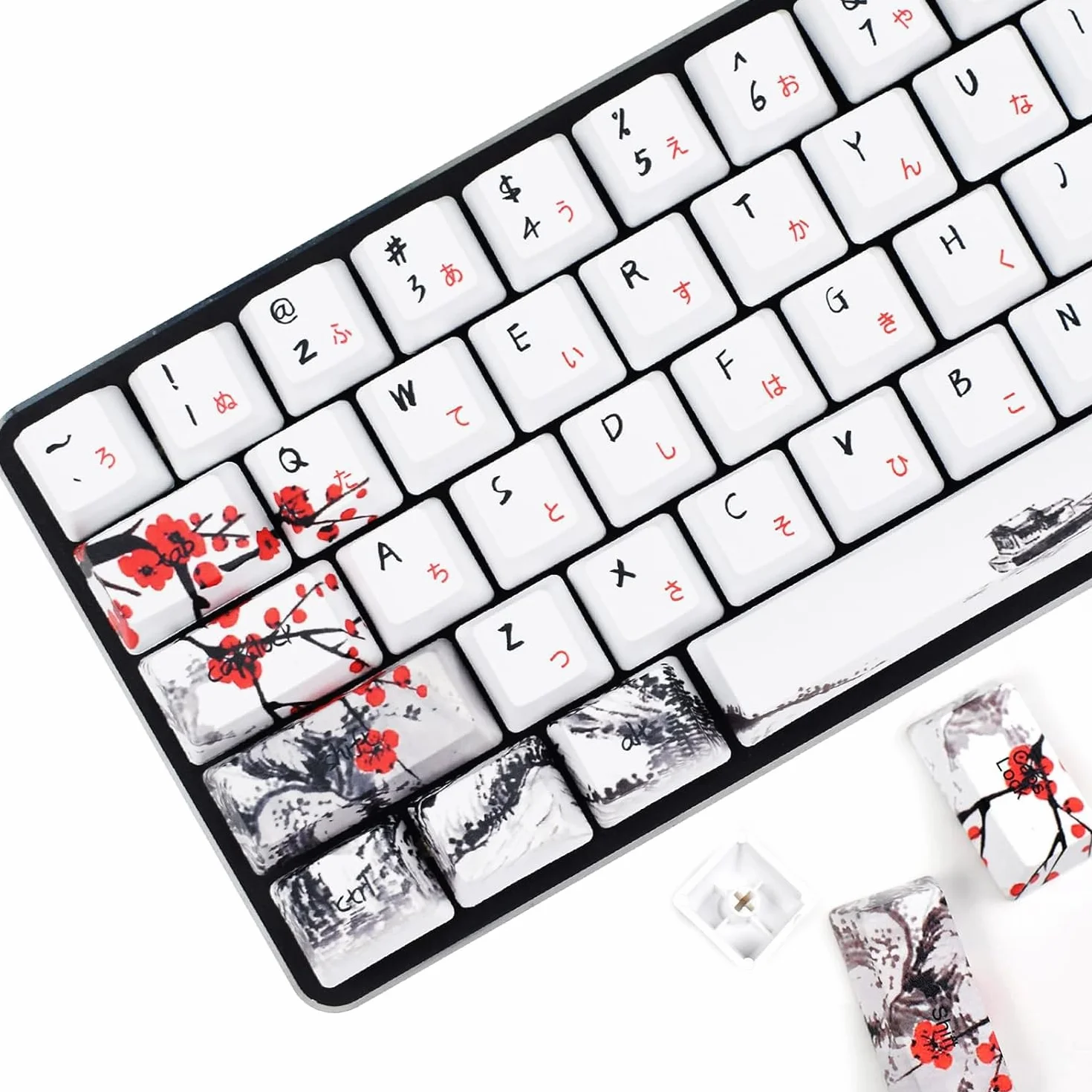 MOLGRIA Klawisze, zestaw do gamingowej klawiatury mechanicznej, niestandardowe nakładki na klawisze z profilem PBT, czcionka japońska, z uchwytem do klawiszy Cherry MX 71/61, 60%, kwiat śliwki, 71 klawiszy