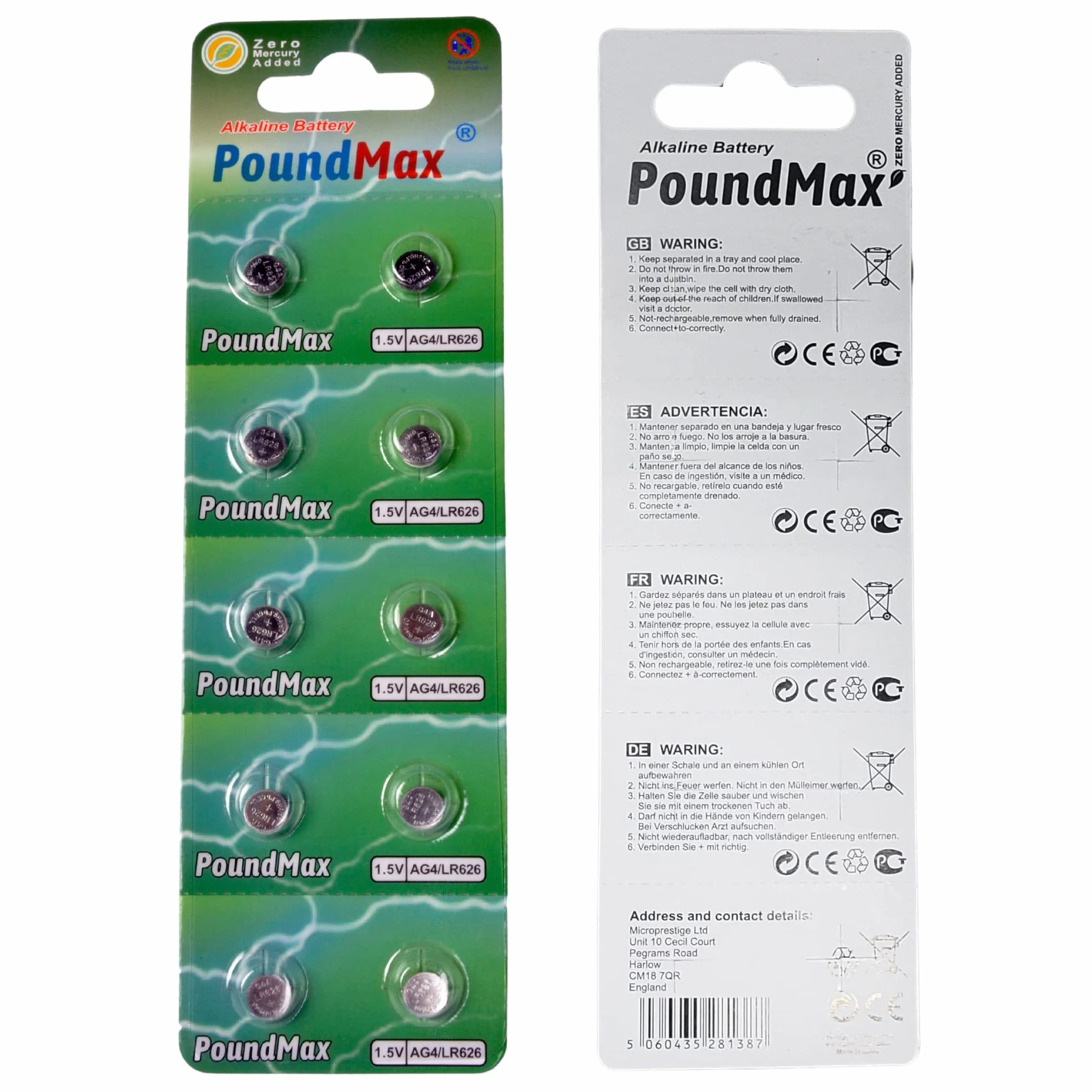 10 x AG4 376/377 LR66 SR626 SR626SW 1,5 V PoundMax alkaliczna bateria guzikowa