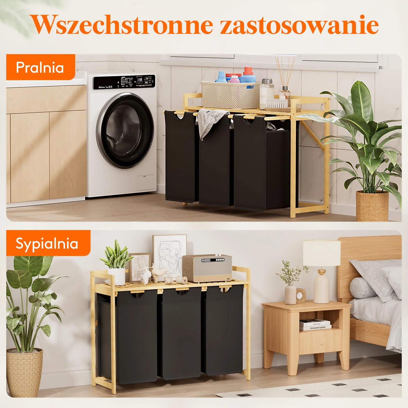 Lifewit Kosz na pranie z bambusową ramą, 150 l, z 3 przegródkami, zdejmowany pojemnik na pranie, bambusowy, 96, 2 x 33,4 x 72 cm, czarny