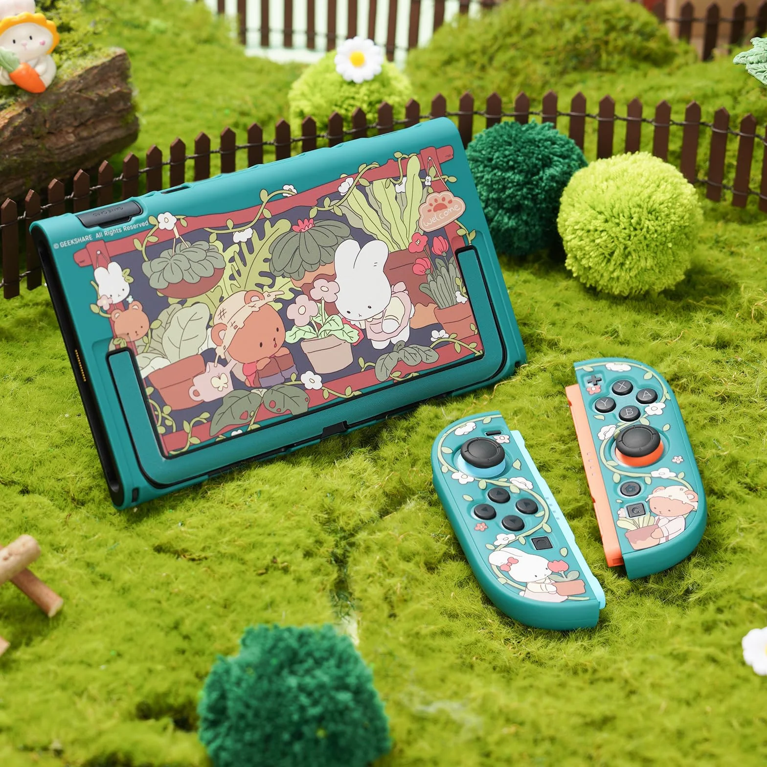 GeekShare Ochronna muszla kompatybilna z Switch 2, Kawaii etui dokujące antyrysunkowa amortyzująca obudowa - Ogród królików