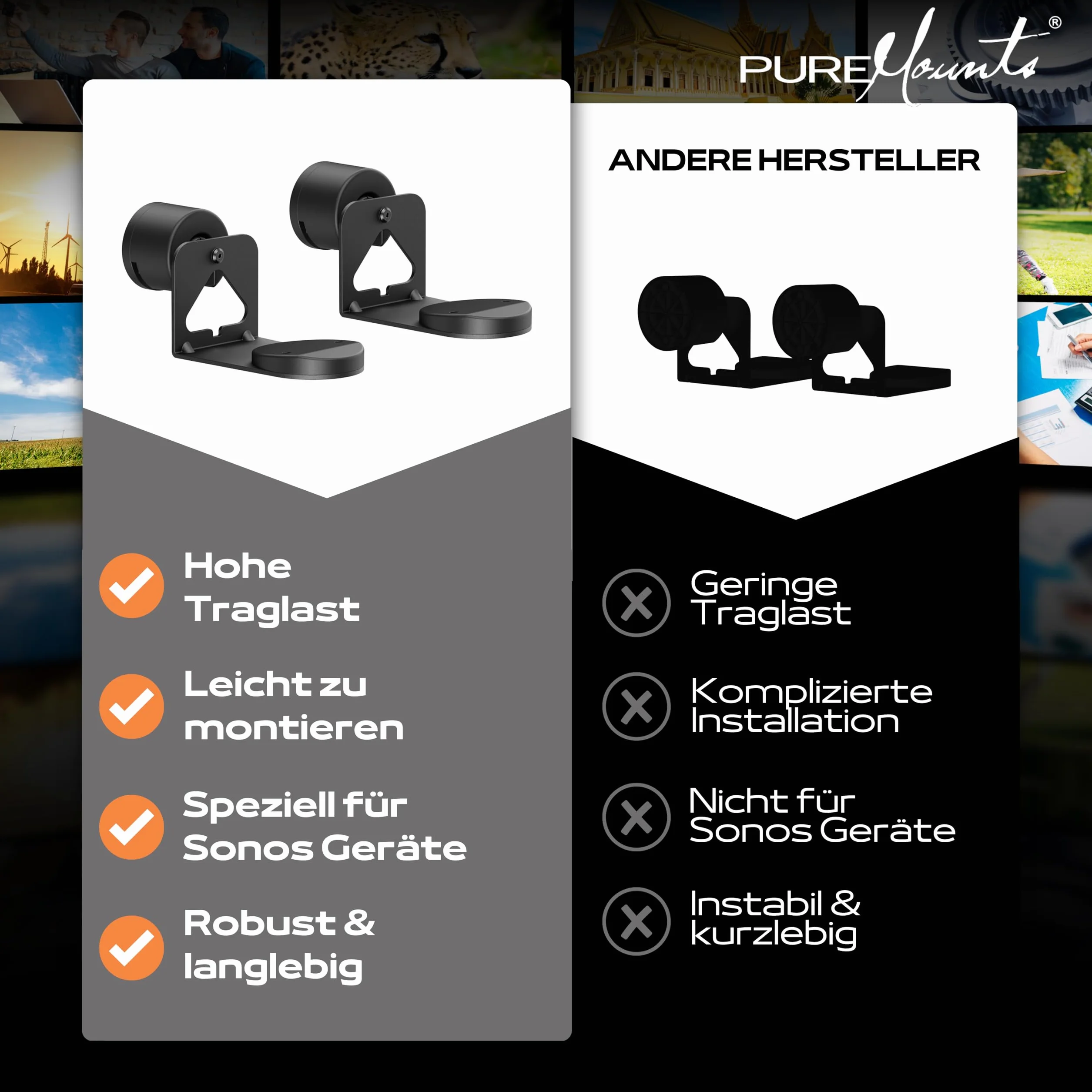 PureMounts Uchwyt głośnikowy do Sonos Era 100 i 300, uchwyt ścienny do głośników z systemem zarządzania kablami, obracany +/- 30°, przechylany 0/-30°, nośność 5 kg, biały