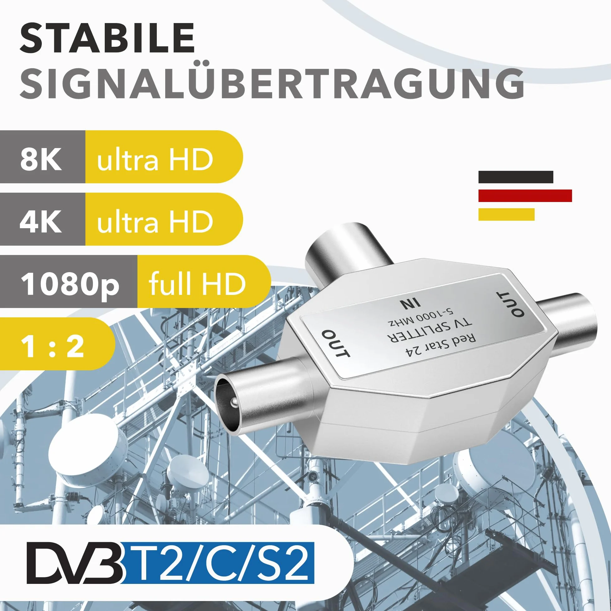 RedStar24 Rozdzielacz anteny 2-drożny - rozdzielacz anteny - rozdzielacz telewizyjny 2-drożny adapter T antena TV 1x wejście IEC gniazdo koncentryczne (złącze) W 2 x wyjście IEC wtyczka koncentryczna