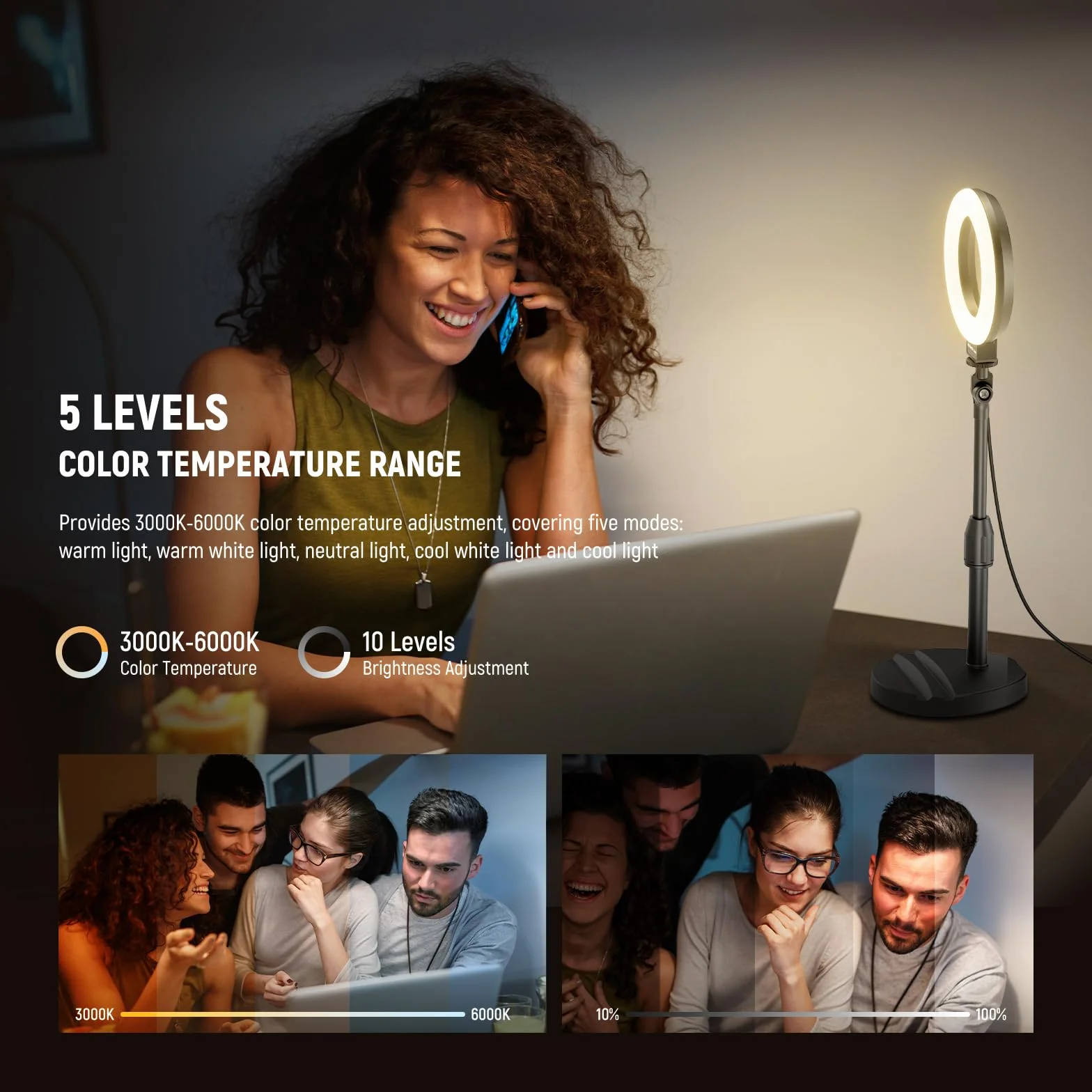 NEEWER BASICS Lampa pierścieniowa 5"/13cm do biurka z podstawą, uchwytem na telefon, 10W LED, lampa do selfie, kompatybilna z iPhone'em do nagrywania wideo, kamery internetowej, wideokonferencji