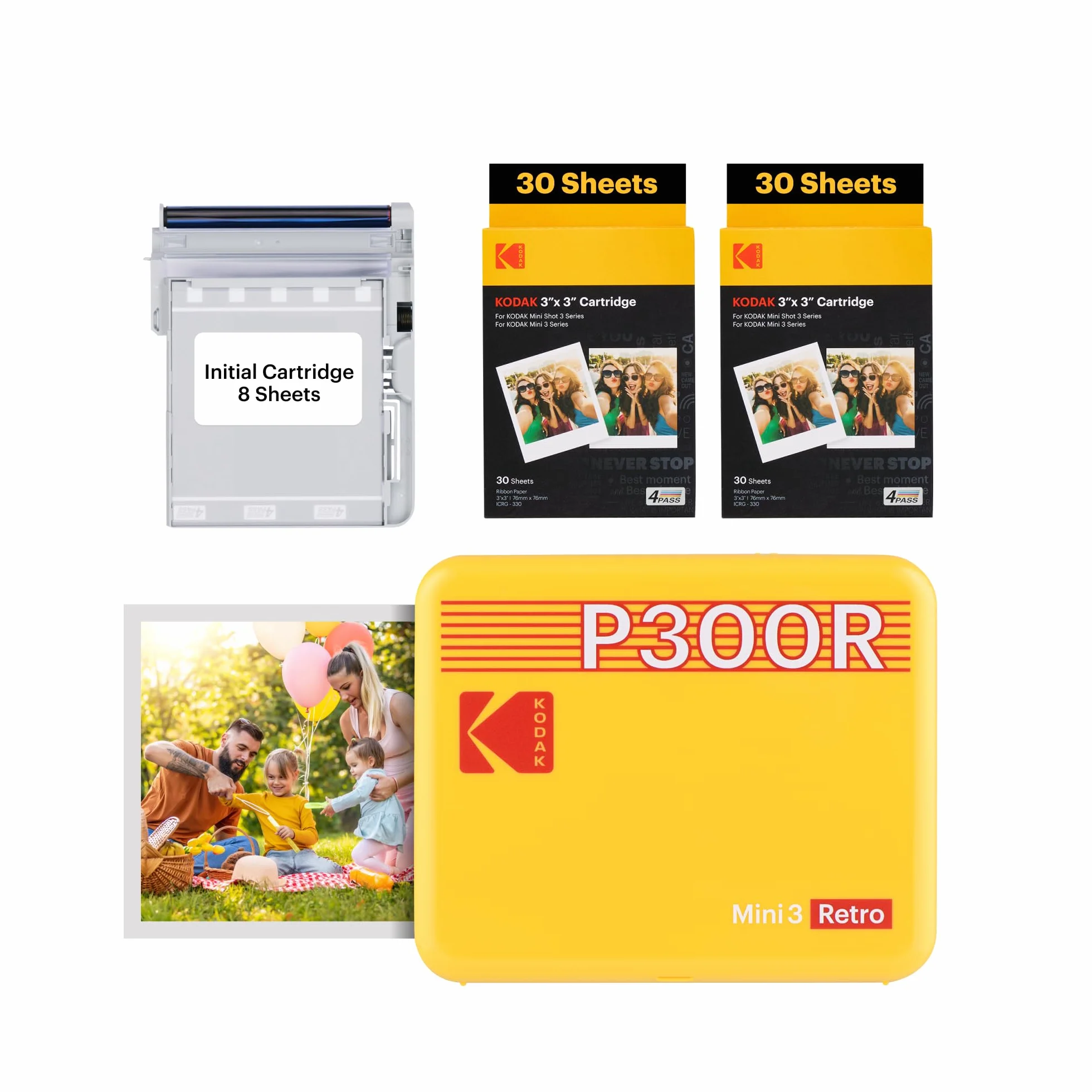 KODAK Mini 3 retro 4PASS Przenośna drukarka fotograficzna (7,6 x 7,6 cm) + 68 arkuszy, pakiet, żółta