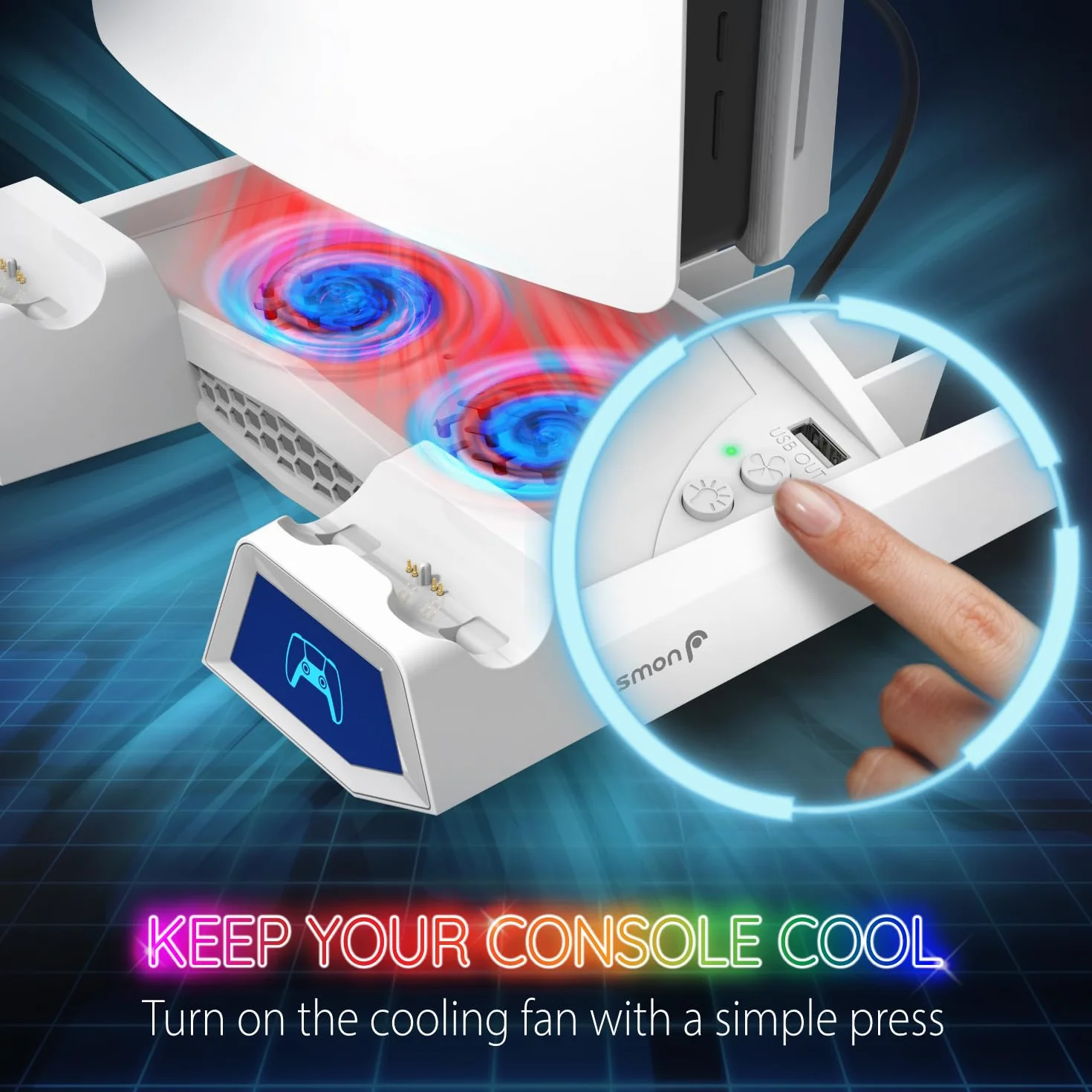 Fosmon Stacja stojąca i chłodząca PS5 z oświetleniem RGB LED, podwójna stacja ładująca do kontrolera DualSense/Edge, 10 gniazd gier, uchwyt na słuchawki (kompatybilne z Playstation 5 Slim Disc i