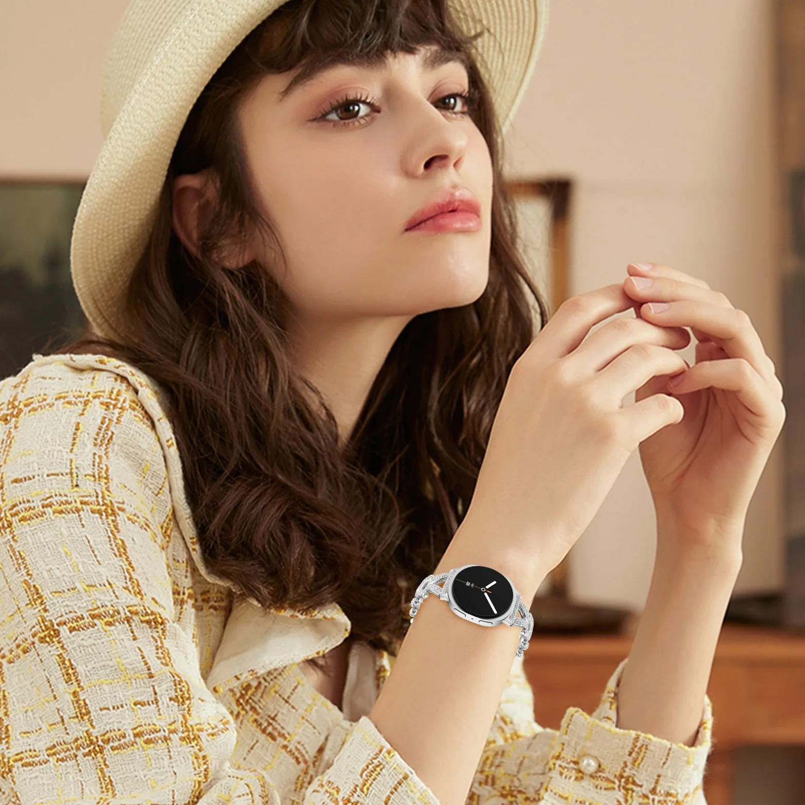 Metalowy pasek do zegarka Samsung Galaxy Watch 8 40 mm 44 mm, stal nierdzewna, zapasowy pasek damski z brylantami kryształkami strasu, do Samsung Galaxy Watch 8 Classic 46 mm, srebrny