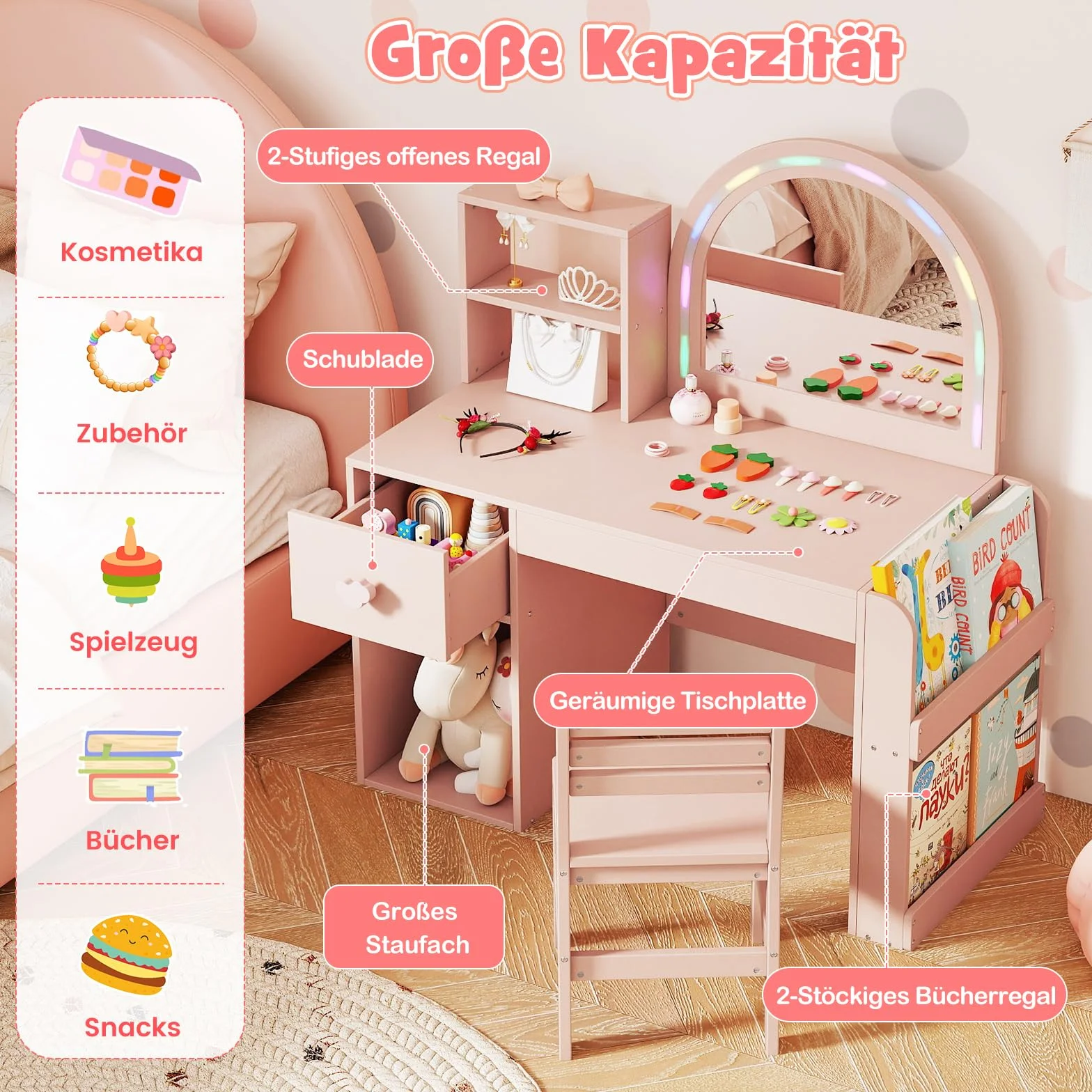 COSTWAY Toaletka dla dzieci 2 w 1 z oświetleniem, drewniana, różowa