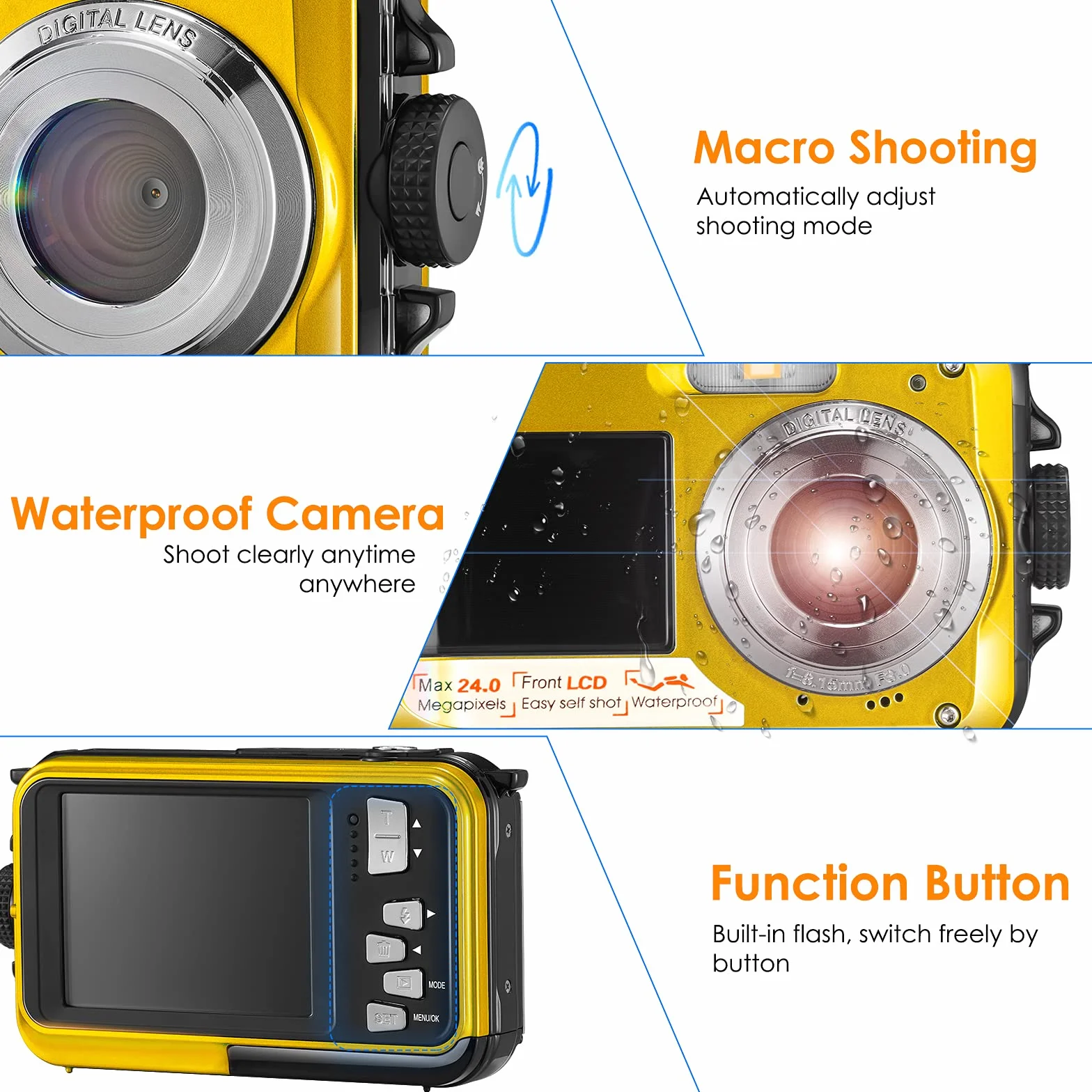 Aomdom Full HD 2,7K 48MP wodoodporna kamera do nurkowania z zoomem cyfrowym 16 x wodoodporna kamera z podwójnym ekranem Sport Camera z opóźniającym mikrofonem LED