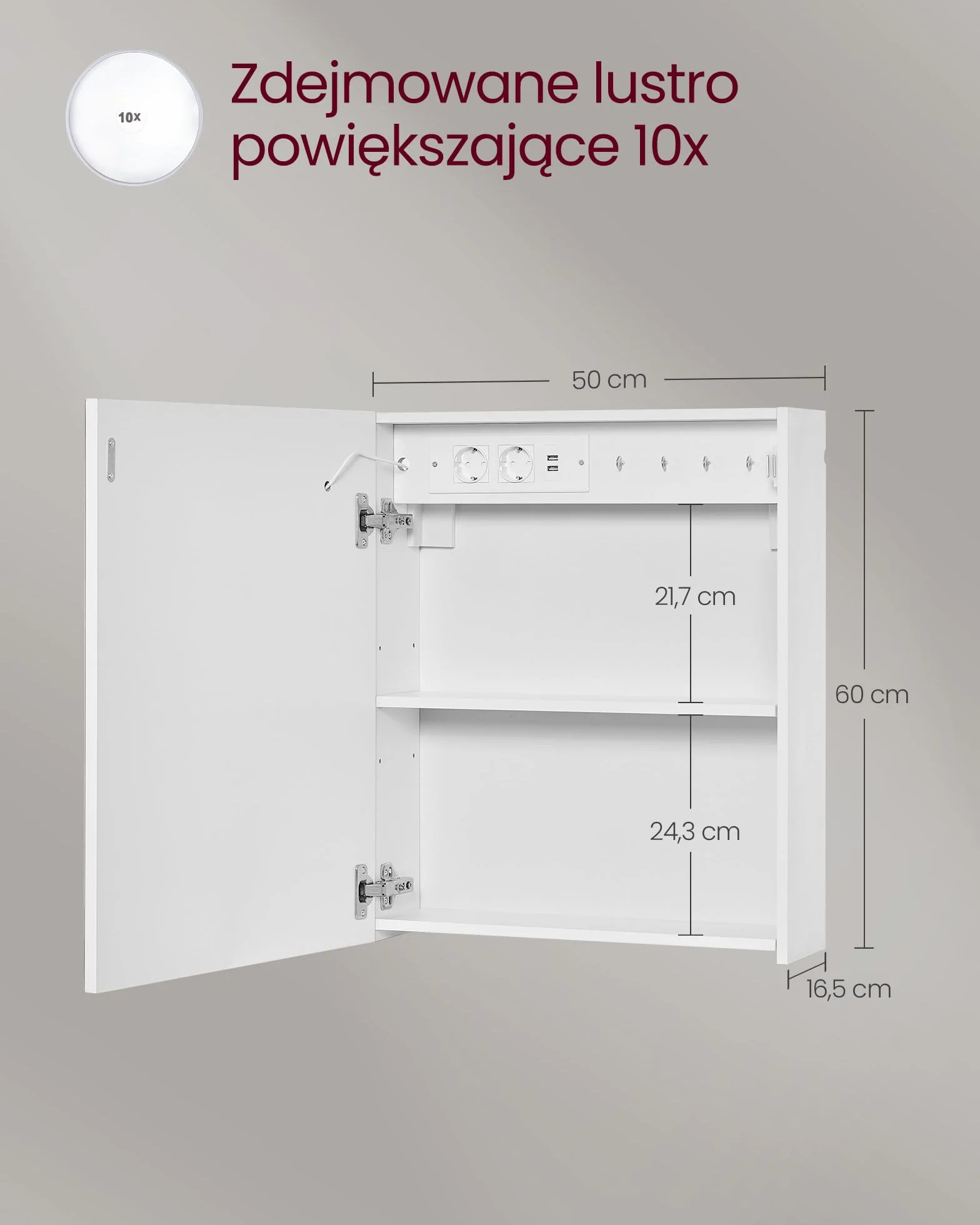 VASAGLE Kolekcja Kailyn - szafka z lustrem z oświetleniem, 16,5 x 50 x 60 cm, szafka łazienkowa, szafka ścienna, listwa zasilająca, funkcja odparowywania, 10 x lustro powiększające, nowoczesna, biała