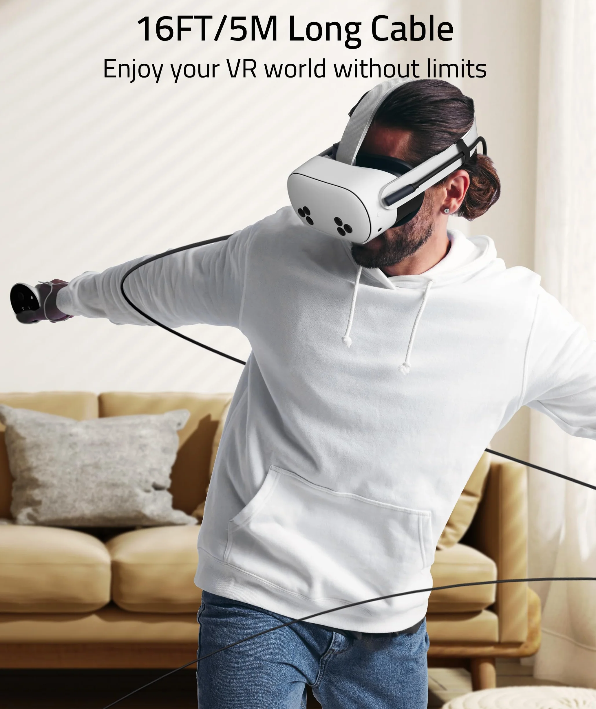 Syntech Kabel łączący kompatybilny z Meta/Oculus Quest 3S/Quest 3/Quest2/Pro/Pico 4/Ultra oraz PC/SteamVR, 5 metrów, ulepszony kabel z adapterem USB 3.0, szybki przewód do przesyłania danych do kasku