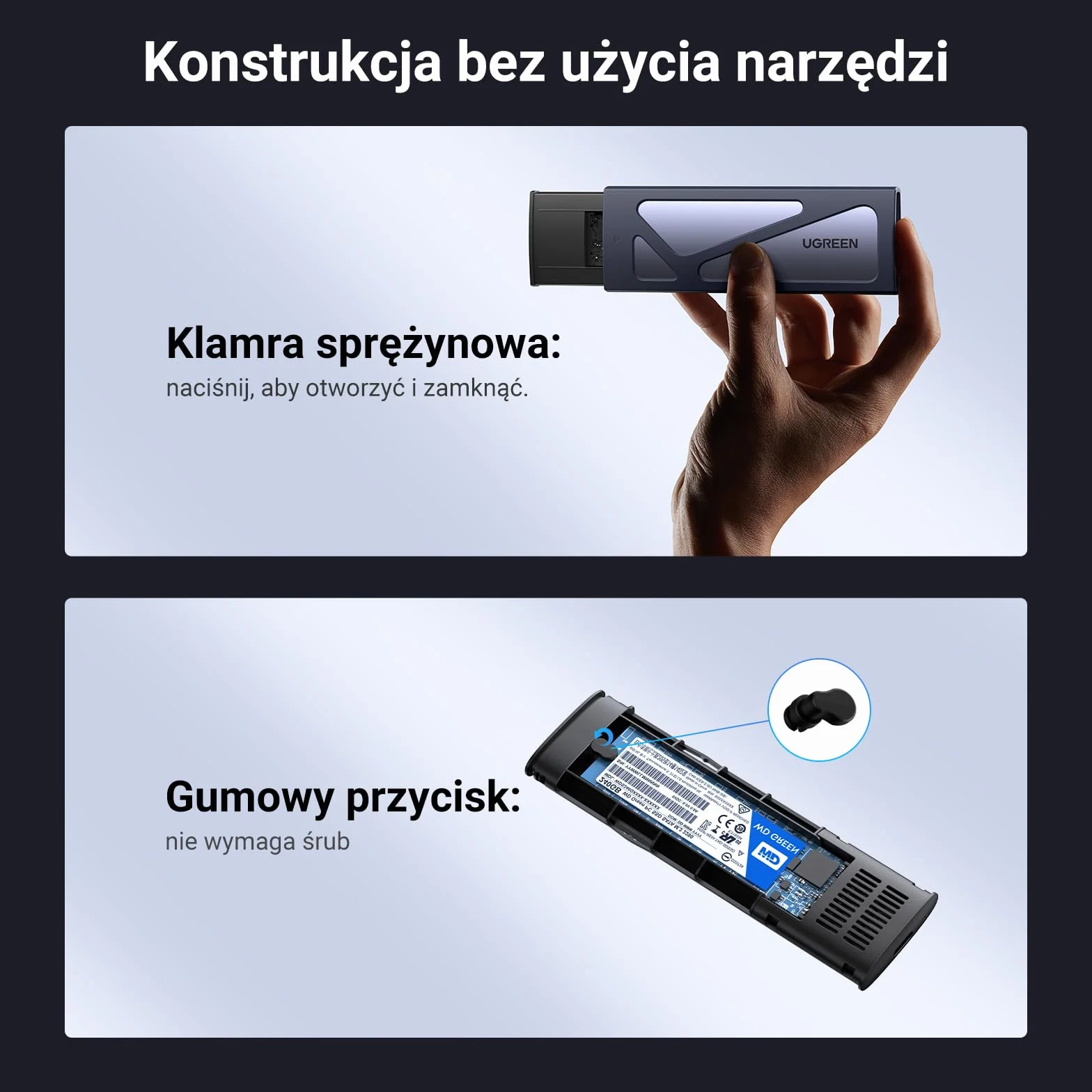 UGREEN Obudowa NVMe M.2 USB 3.1 SSD 10 Gb/s Obudowa M.2 na NVMe PCIe M-Key/M+B Key w 2230/2242/2260/2280 z Kablami USB C do C i USB A do C